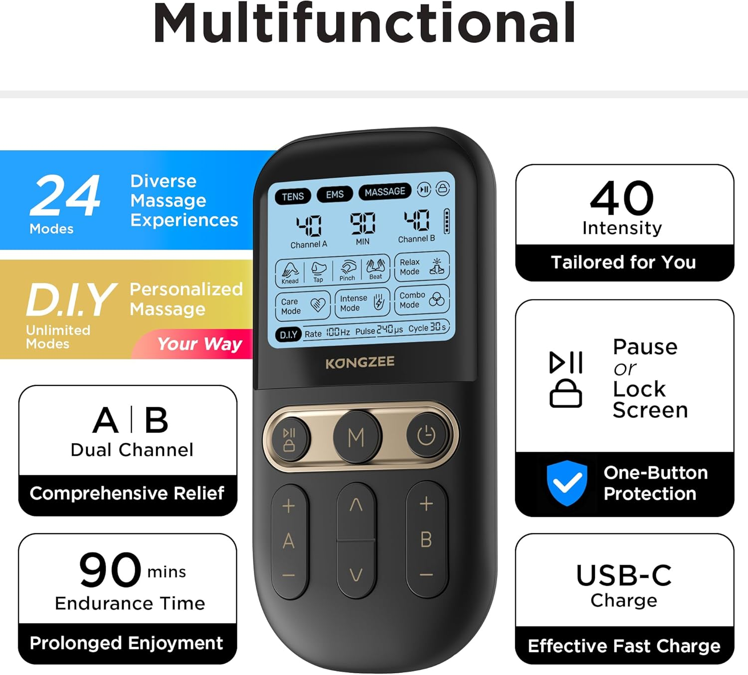 4 in 1 - D.I.Y & Tens Unit & EMS & Massage Muscle Stimulator, Dual Channel TENS Units Therapy Machine Rechargeable Electronic Pulse Massager for Foot/Back,With 12Pcs Electrode Pads. - Red image number 5