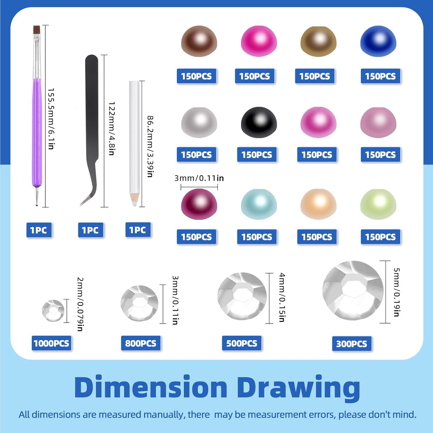 Glarks 4403Pcs Rhinestone Gems and Flat Back Pearl Set, 2MM 3MM 4MM 5MM Clear-White Flat Back Gems Crystal Rhinestones, 3MM Flatback Pearl Half Pearl Half round Flat Back Pearl with 3Pcs Tools