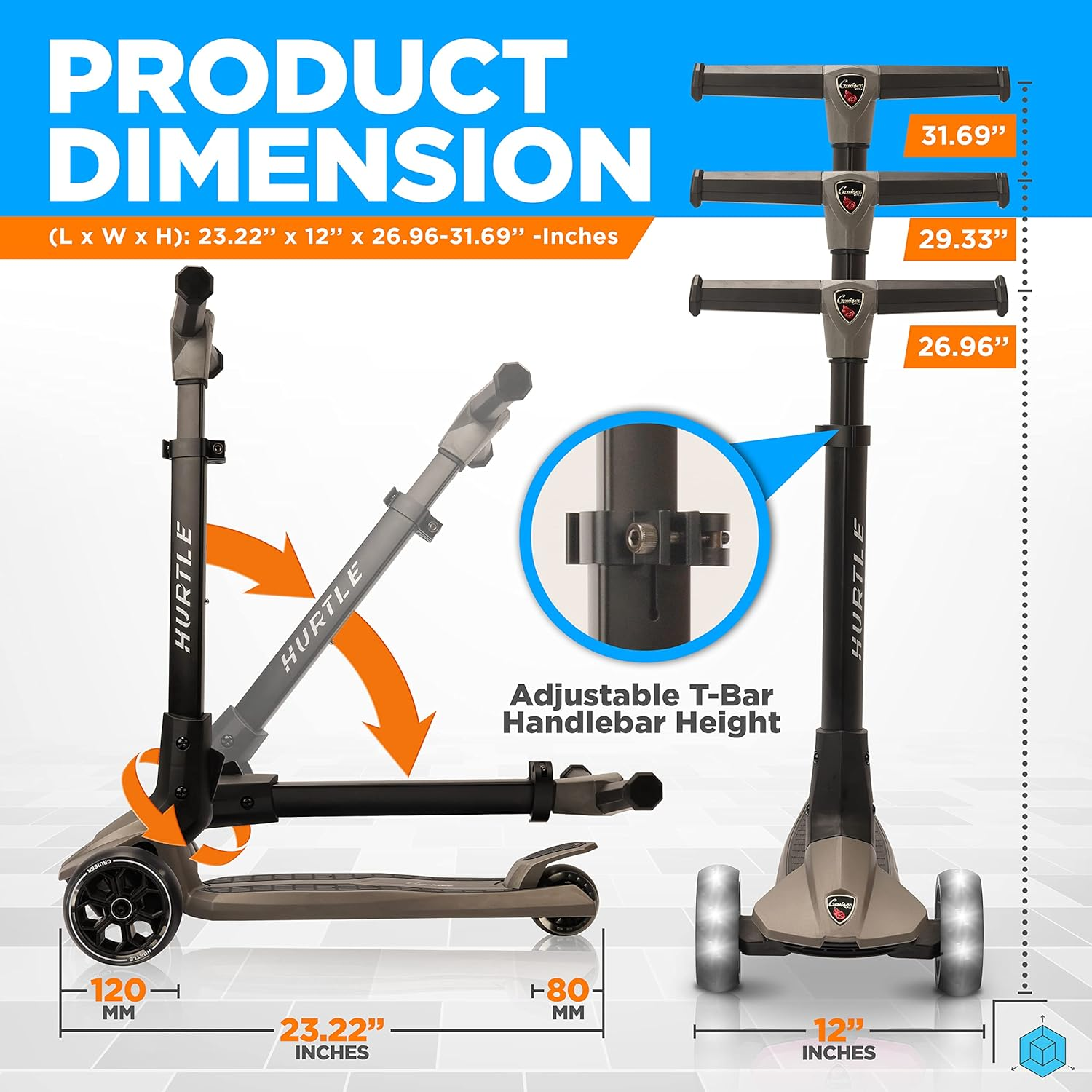Hurtle 3 Wheeled Scooter for Kids - Foldable Stand Child Toddlers Toy Kick Scooters W/Built-In LED Wheel Lights, Anti-Slip Wide Deck, Adjustable Height, Great for Outdoor Fun image number 5