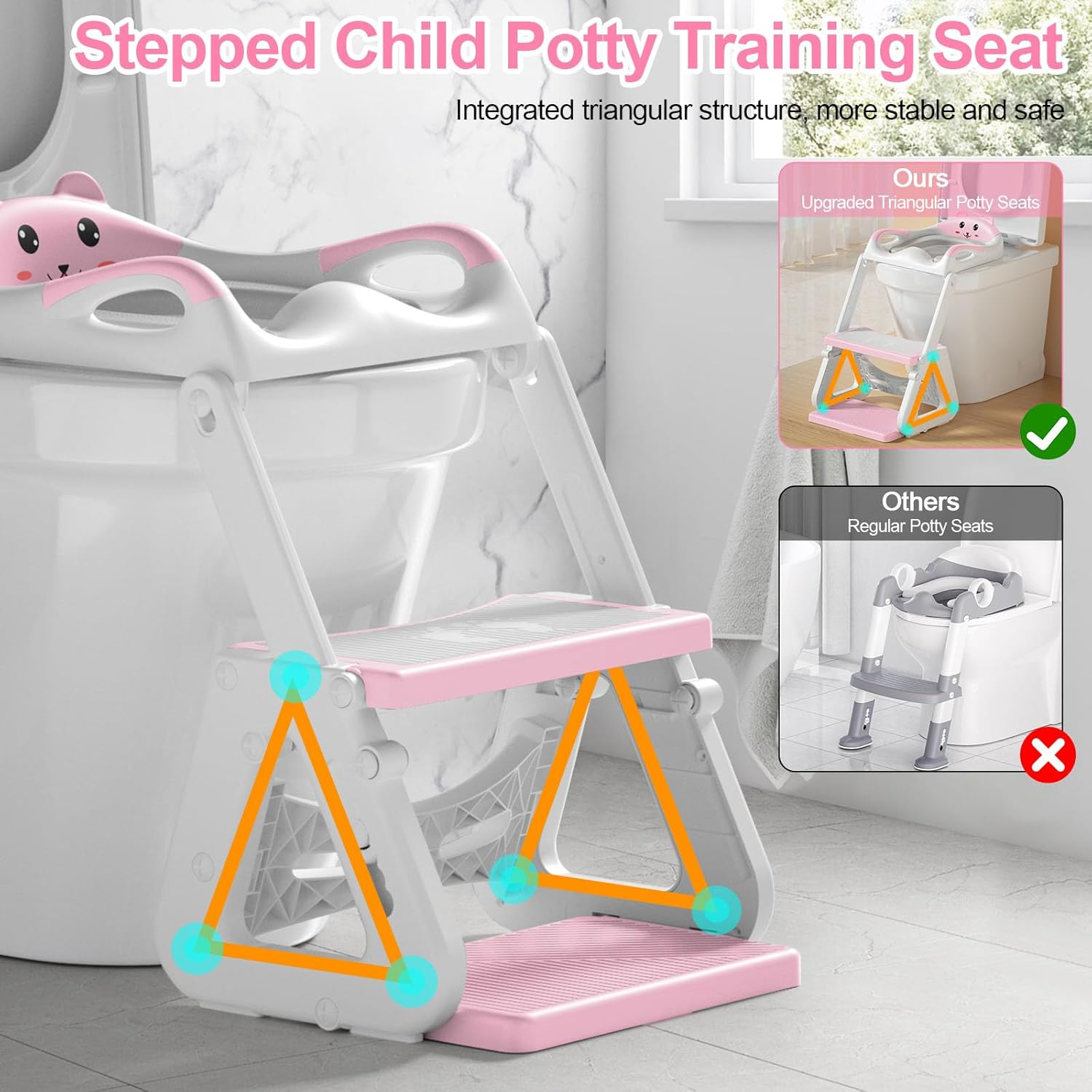 Kakeyrun Potty Training Toilet Seat, Upgrade Toddler Toilet Seat for Boys and Girls, 2-In-1 Potty Training Toilet with Step Stool Ladder Soft Cushioned Seat Splash Guard (Pink)