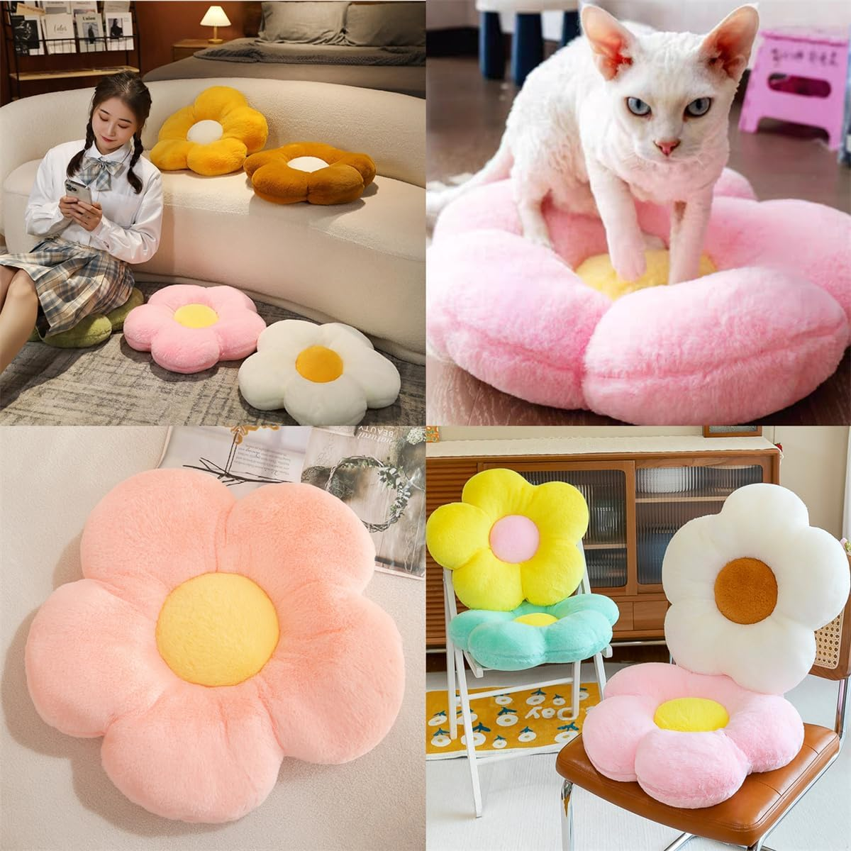 Flower Floor Pillow Seating Cushion - Cute Room Decor,Flower Pillow for Reading and Lounging Comfy Pillow -45Cm (Pink+Yellow) image number 3