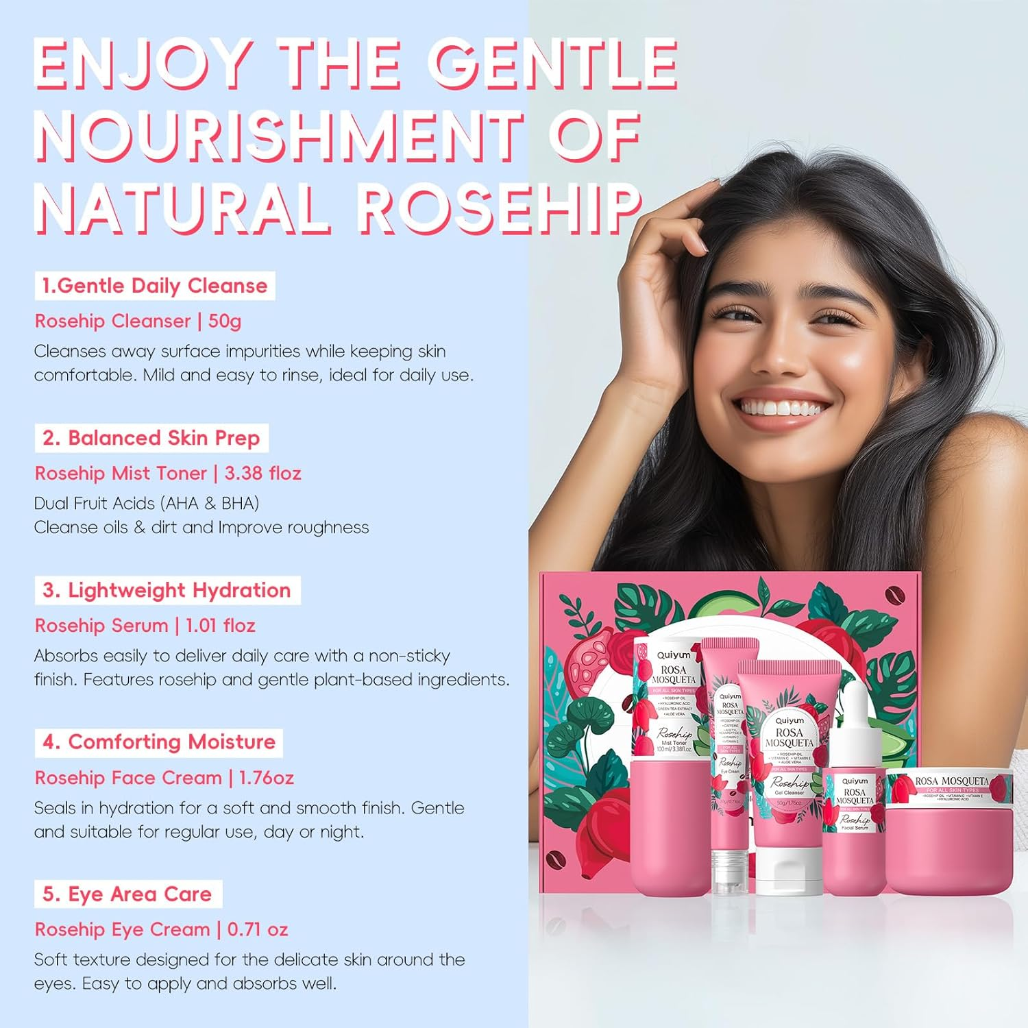 Rosehip Skin Care Set, 5 Daily Routine Beauty Skin Care for Teens 10-12 - Gift Set with Cleanser, Toner, Eye Cream, Cream, Serum, Facial Care Set for Women, Girl,Travel Set, for All Skin Types image number 4