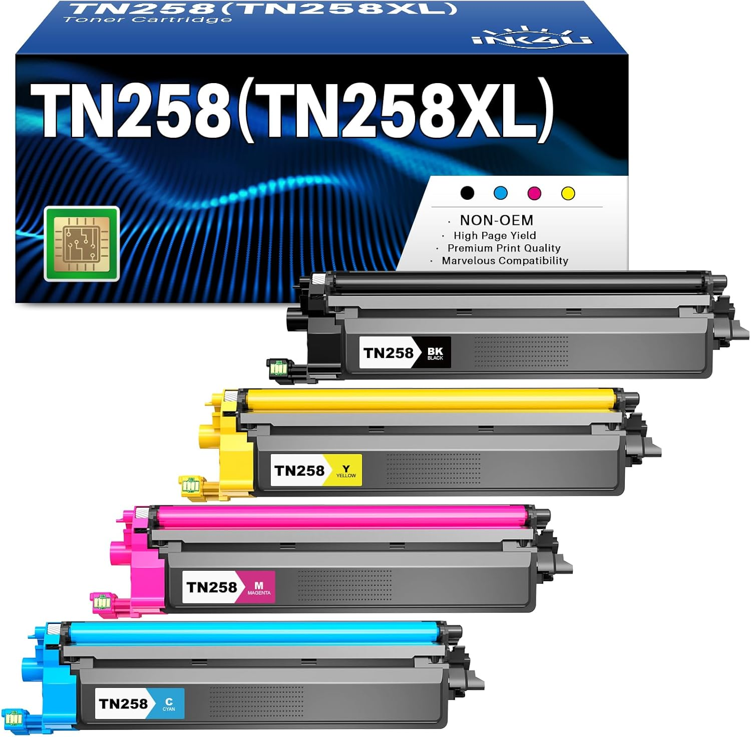 Ink4U TN258 TN258XL Toner Cartridge Replacement for Brother TN258 TN258 XL BK/C/M/Y High Yield Toner Use for MFC-L8390CDW, DCP-L3560CDW, DCP-L3520CDW, MFC-L3760CDW, HL-L8240CDW, HL-L3280CDW, 4 Pack