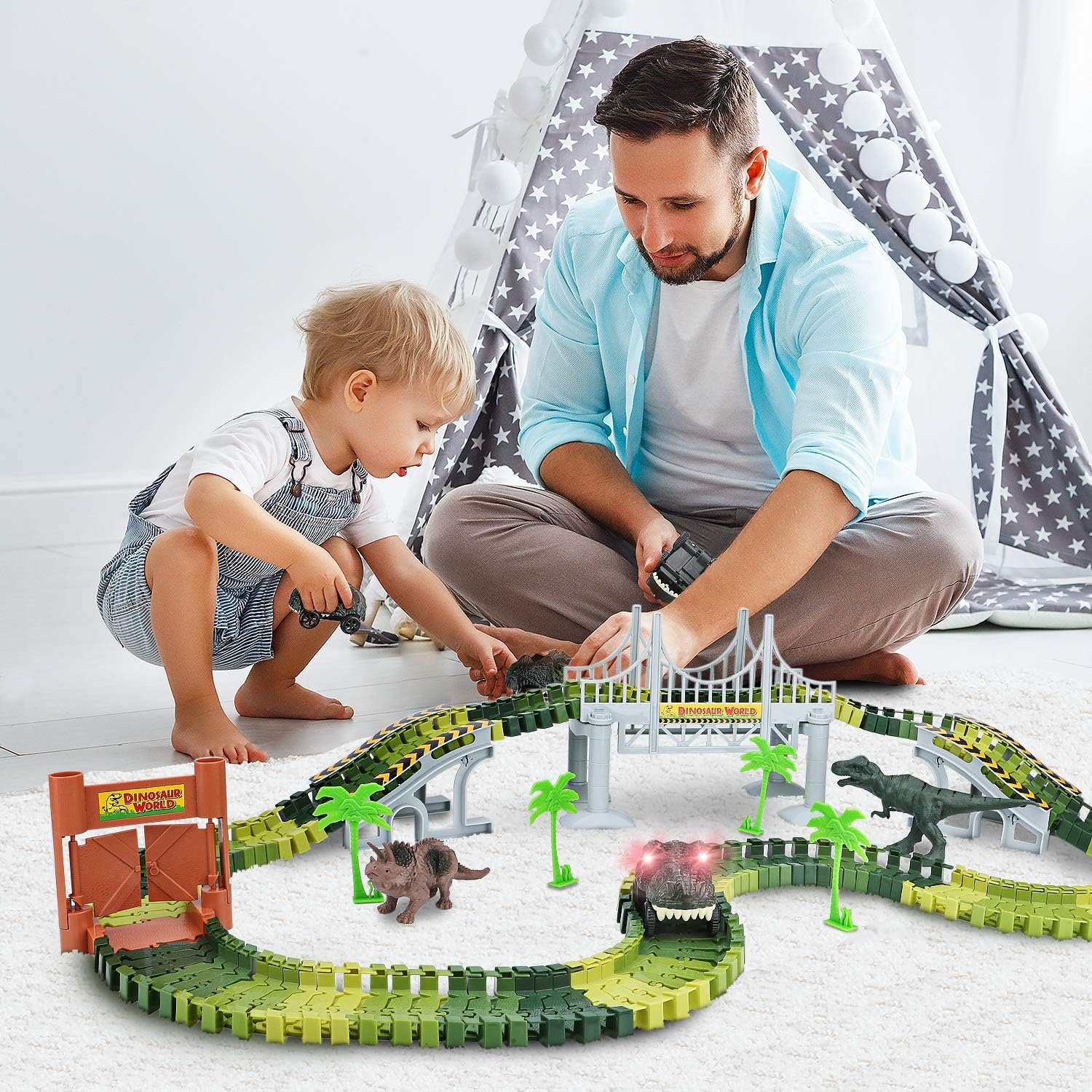 Dinosaur Toys,Dinosaur Train,Race Car Track, Create a Dinosaur World Road Race,Flexible Track Playset and 2 Pcs Cool Dinosaur Cars for Kids 3-5 Best Gift image number 4