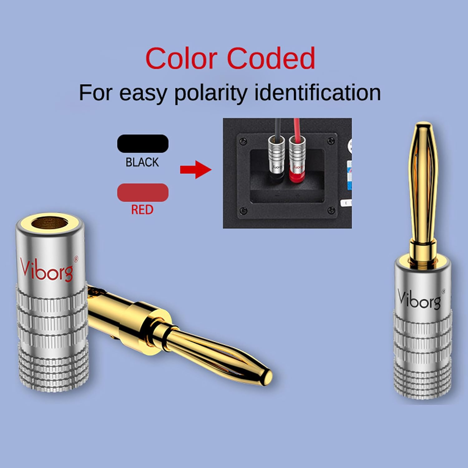 Viborg 4Pairs Hifi Speaker Banana Connectors 24K Gold-Plated Hi-End Audio Speaker Banana Plug Dual Screws Locking or Soldering Banana Jack Terminals for Speaker Cable (Support 8 AWG to 20 AWG Wires)