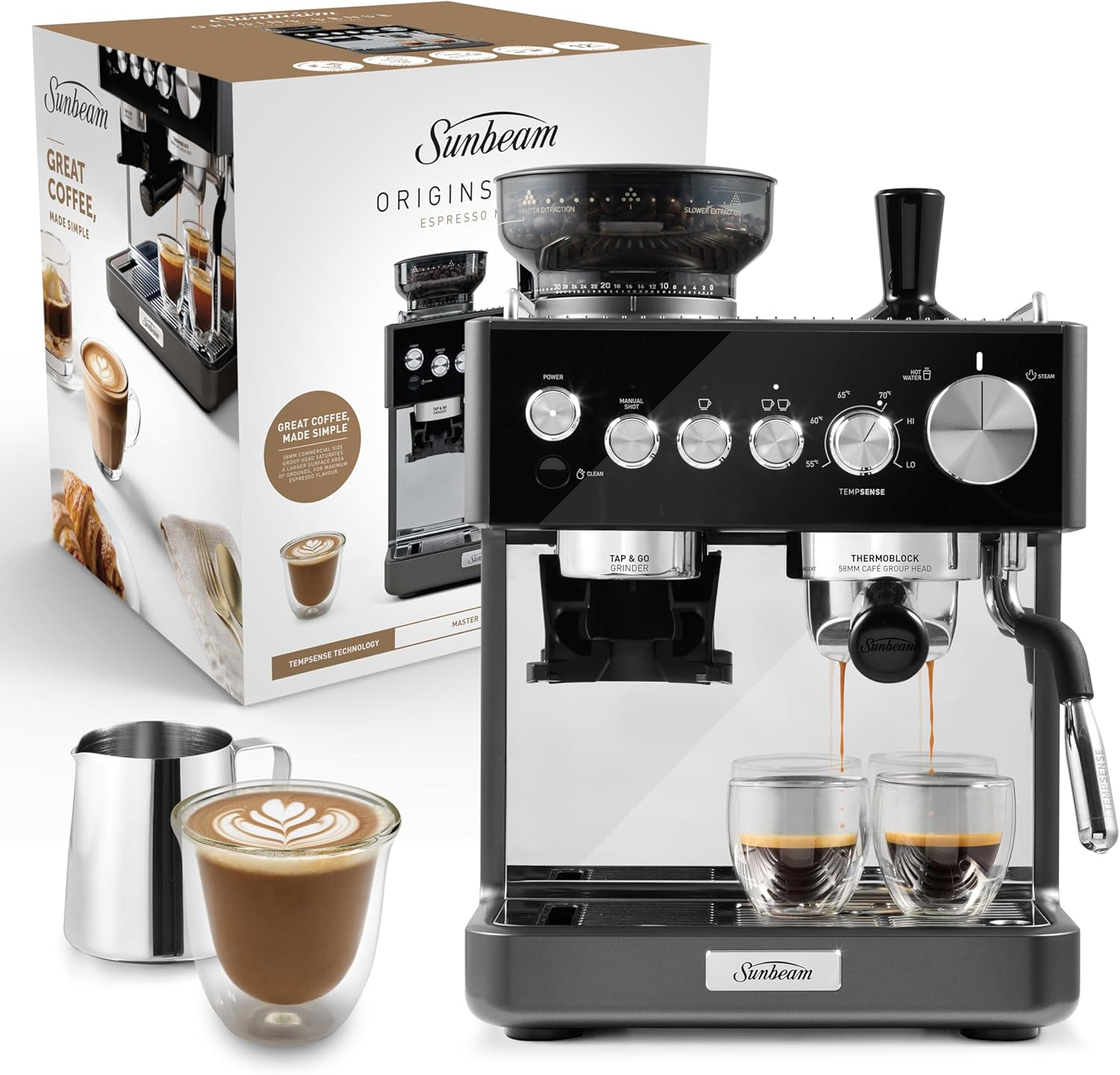 Sunbeam Origins Sense Espresso Machine | 4 Steam Settings with Tempsense Steam Auto Shut Off, Coffee Machine Anti-Static Technology for Less Mess Grinding, One-Button Cleaning, Graphite EMM6500GR