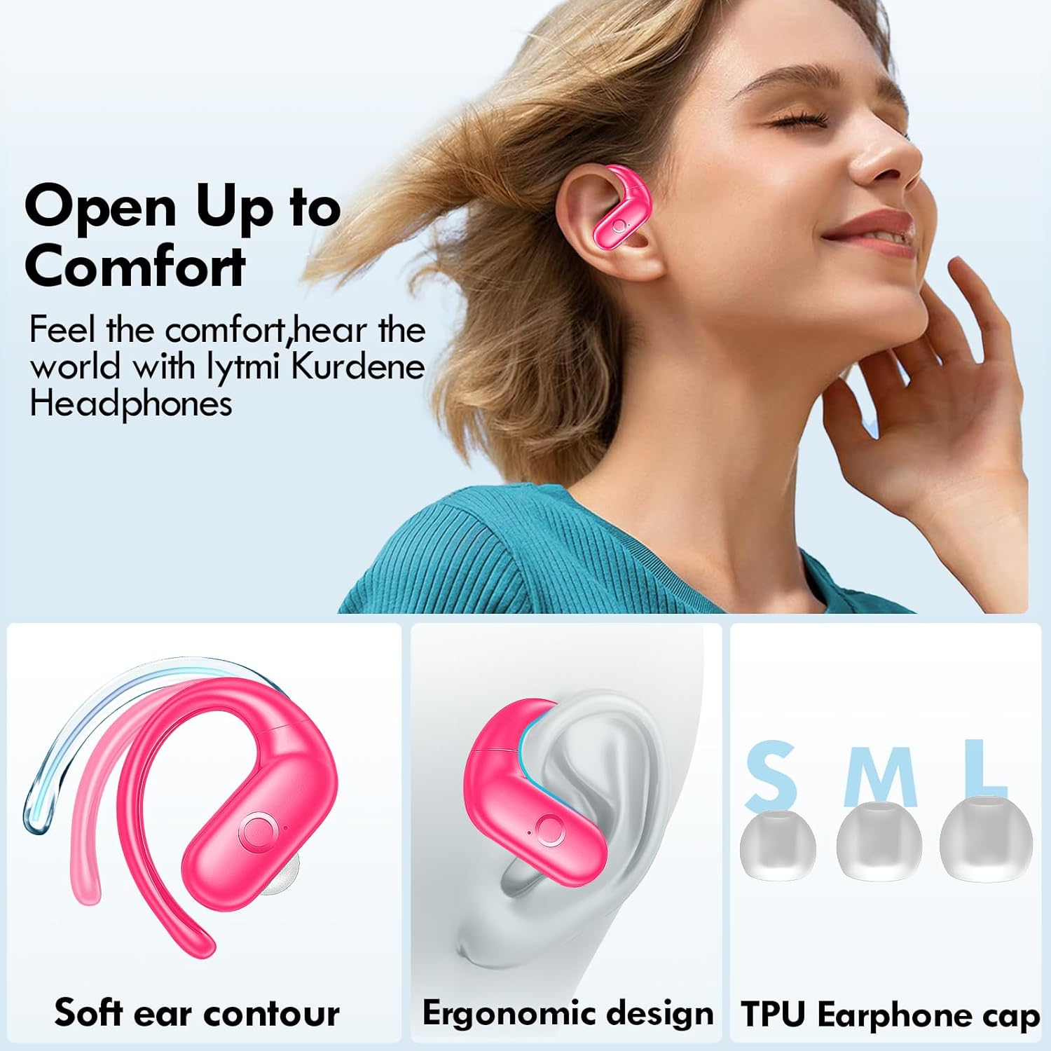 Kurdene Wireless Earbuds Bluetooth Headphones Sport,Over Ear Buds with Deep Bass Sound,60Hrs Playtime Earphones Redesigned Comfort Fit with Earhooks for Running,Meeting,Workout-Hot Pink image number 3