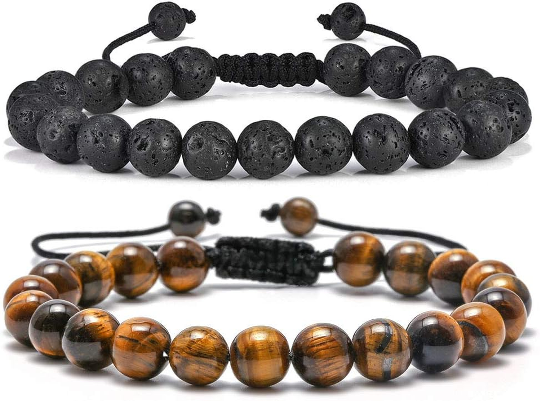 M MOOHAM Lava Rock Bracelet - 8Mm Stone Tiger Eye Bracelet Lava Rock Bracelet, Stress Relief Yoga Beads Adjustable Bracelet Anxiety Aromatherapy Essential Oil Diffuser Healing Bracelet for Men Women