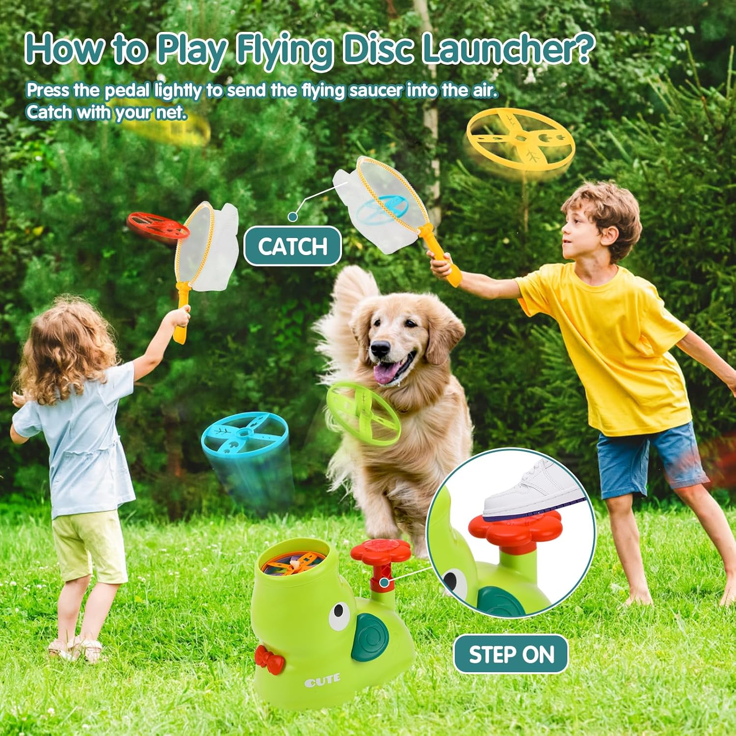 Kaekid Indoor Outdoor Toys for 3+ Year Old Kids - Flying Discs Launcher Toy with 2 Catch Nets, Birthday Fun Gifts Toys for 3 4 5 6 Year Old Girl Boys (Elephant) image number 2