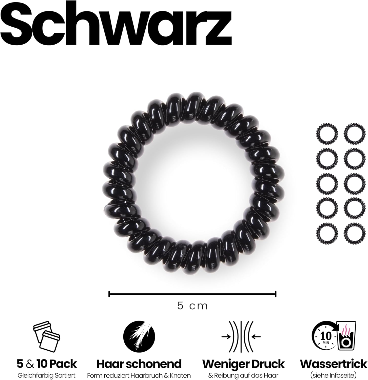 Specora - Spiral Hair Scrunchies Pack of 10-5 Cm TPU Black image number 4