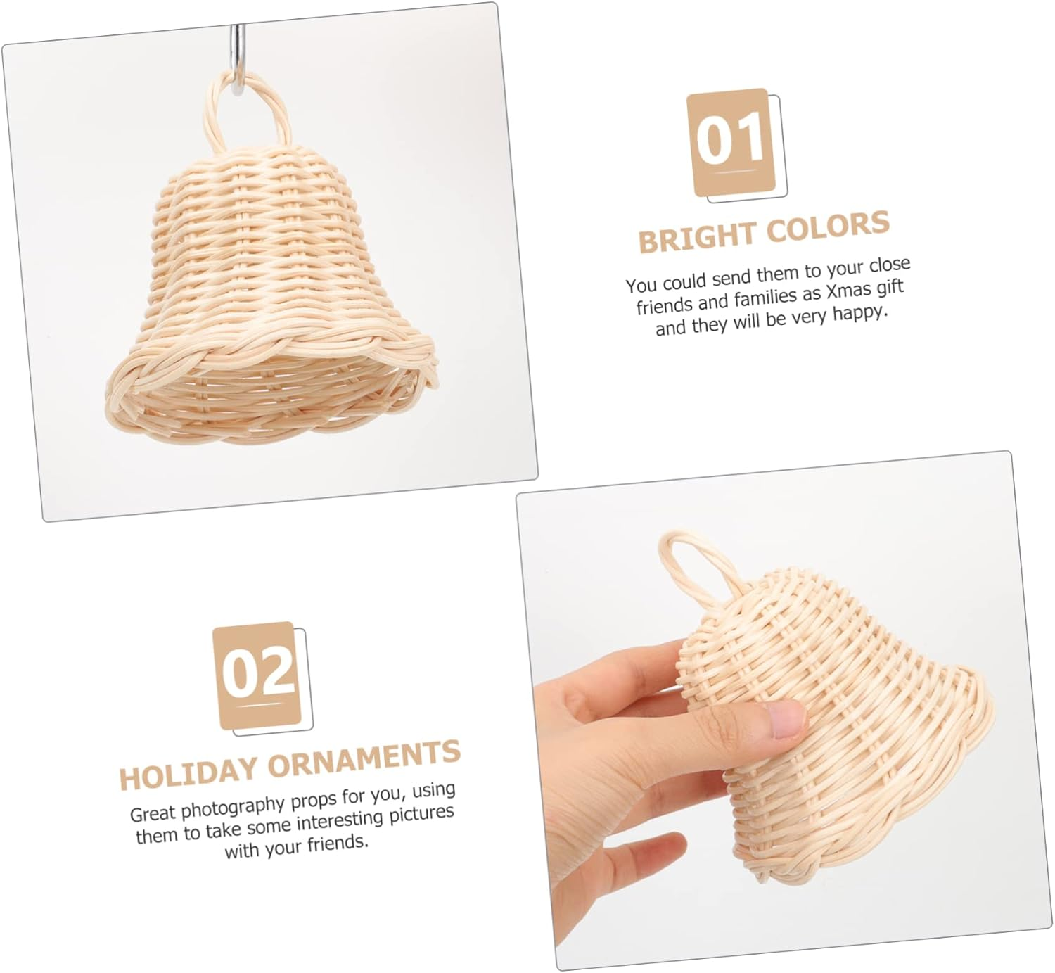 5Pcs Decorative Rattan Bell Shape Ornament Pendant for Xmas Tree Wall Hanging Decor Plaything for Christmas Party Home Decoration image number 6