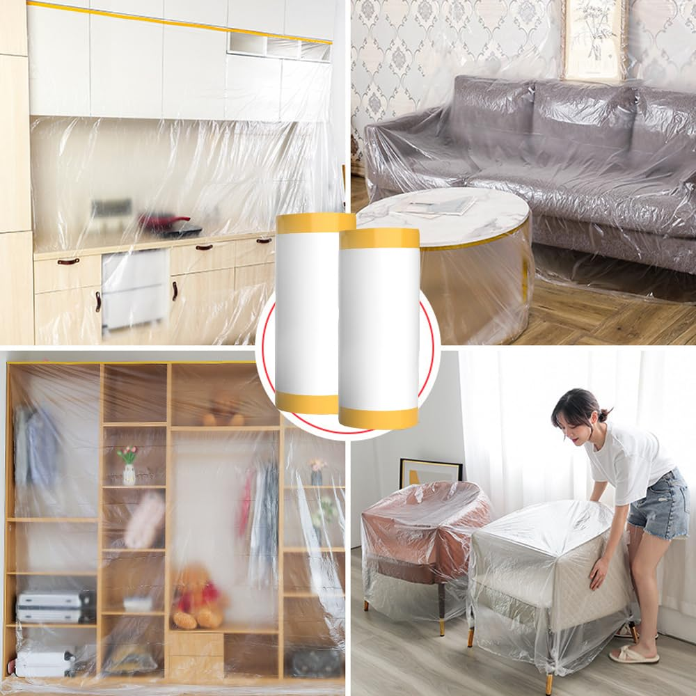 Double Pre-Taped Masking Film PE Drop Cloth Sheeting for Automotive Painting Furniture Living Room Dust-Proof Protect(320Cmx20M, 1Pc) image number 2