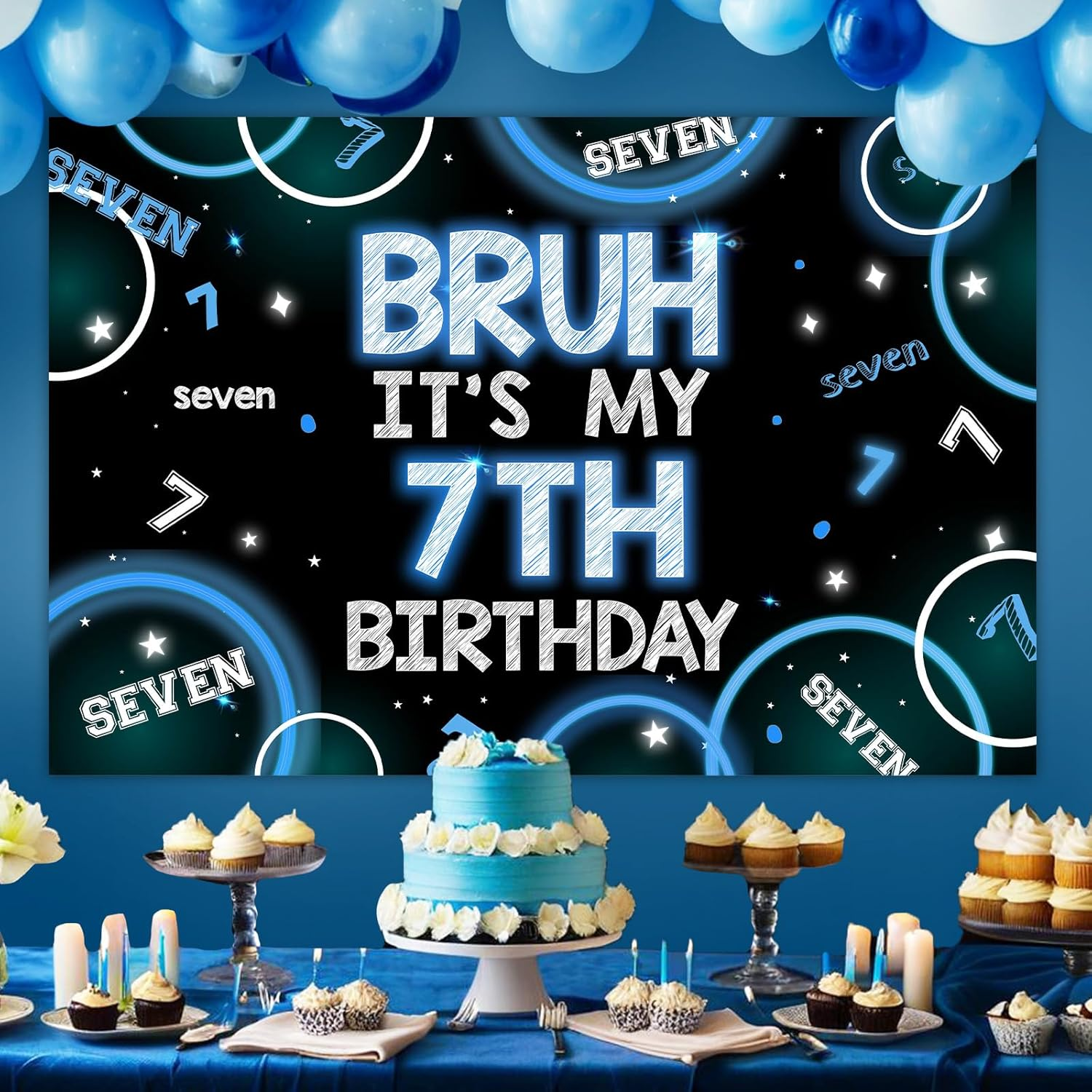 Wonmelody Bruh It&rsquo;S My 7Th Birthday Decor 4.92*3.28Ft Bruh It&rsquo;S My 7Th Birthday Backdrop Banner Blue Black 7Th Birthday Decor for Boy Happy 7Th Birthday Party Supplies Seven Years Old Photo Booth Prop