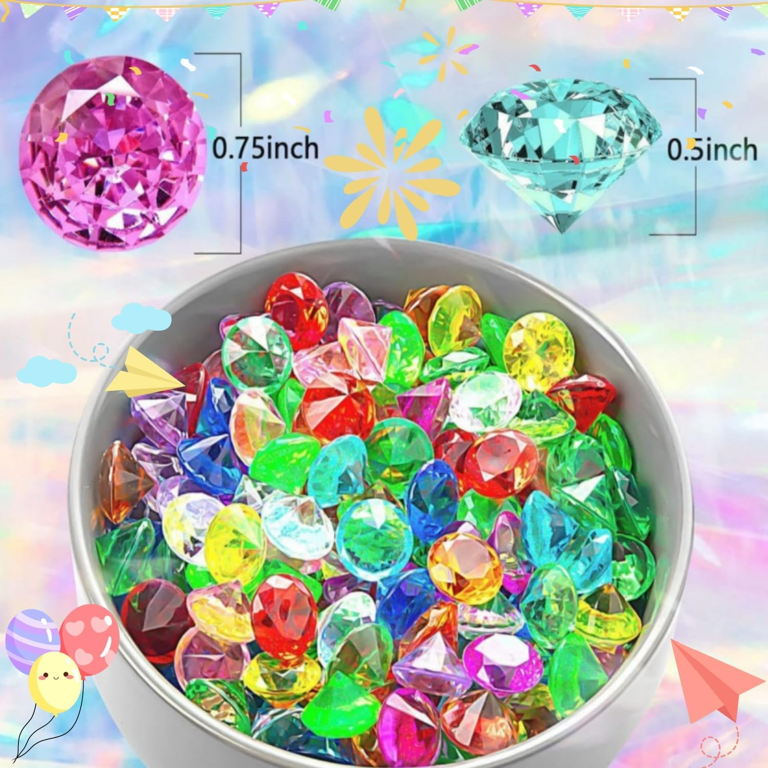 250 PCS Decorative Acrylic Diamonds Gems 0.75 Inch Colored Jewels Treasure Gemstones for Wedding Centerpieces,Party Decorations,Table Scatters,Home Vase Fillers,Birthday,Diving Pool Jewelry image number 6