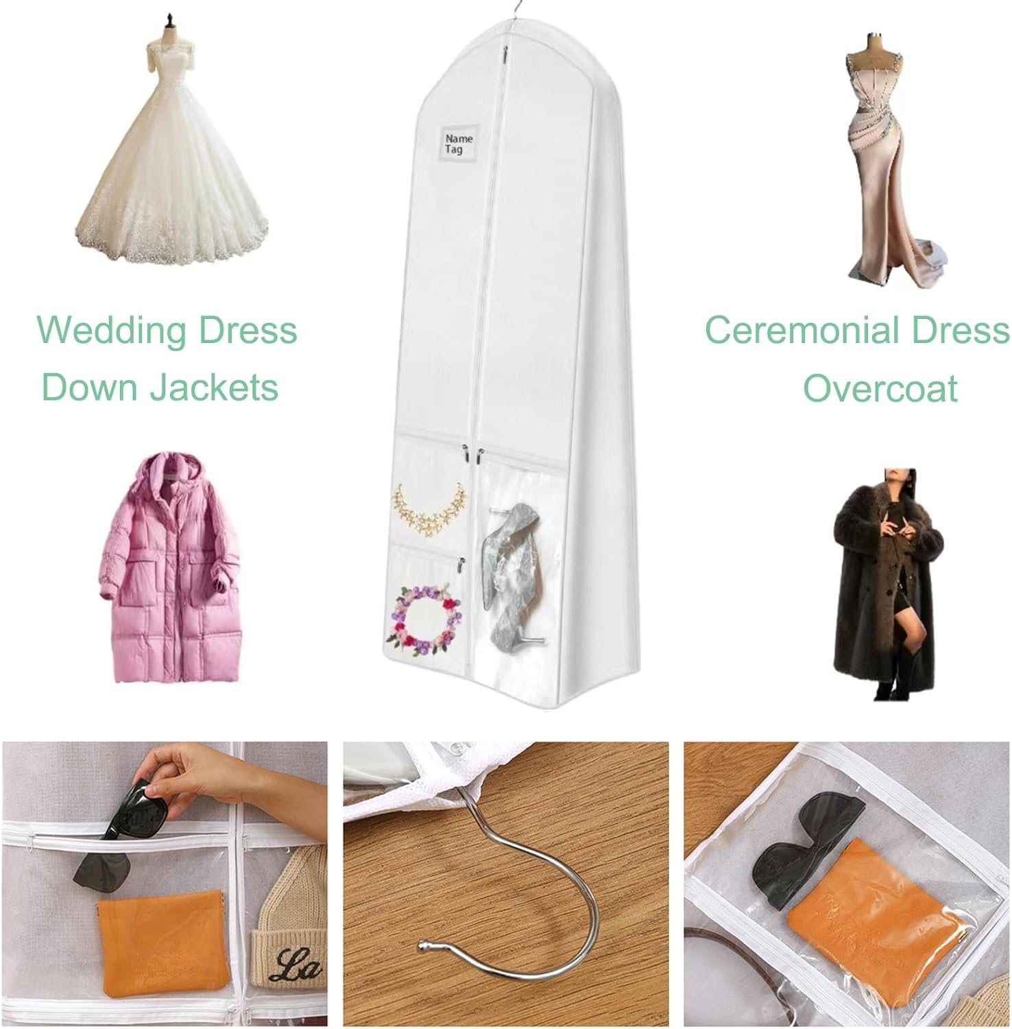 70" Bridal Wedding Gown Dress Garment Bag, Dust Proof Storage Bag with Large Bag for Easy Storage and 3 Small Bags for Wedding Shoes, White image number 4