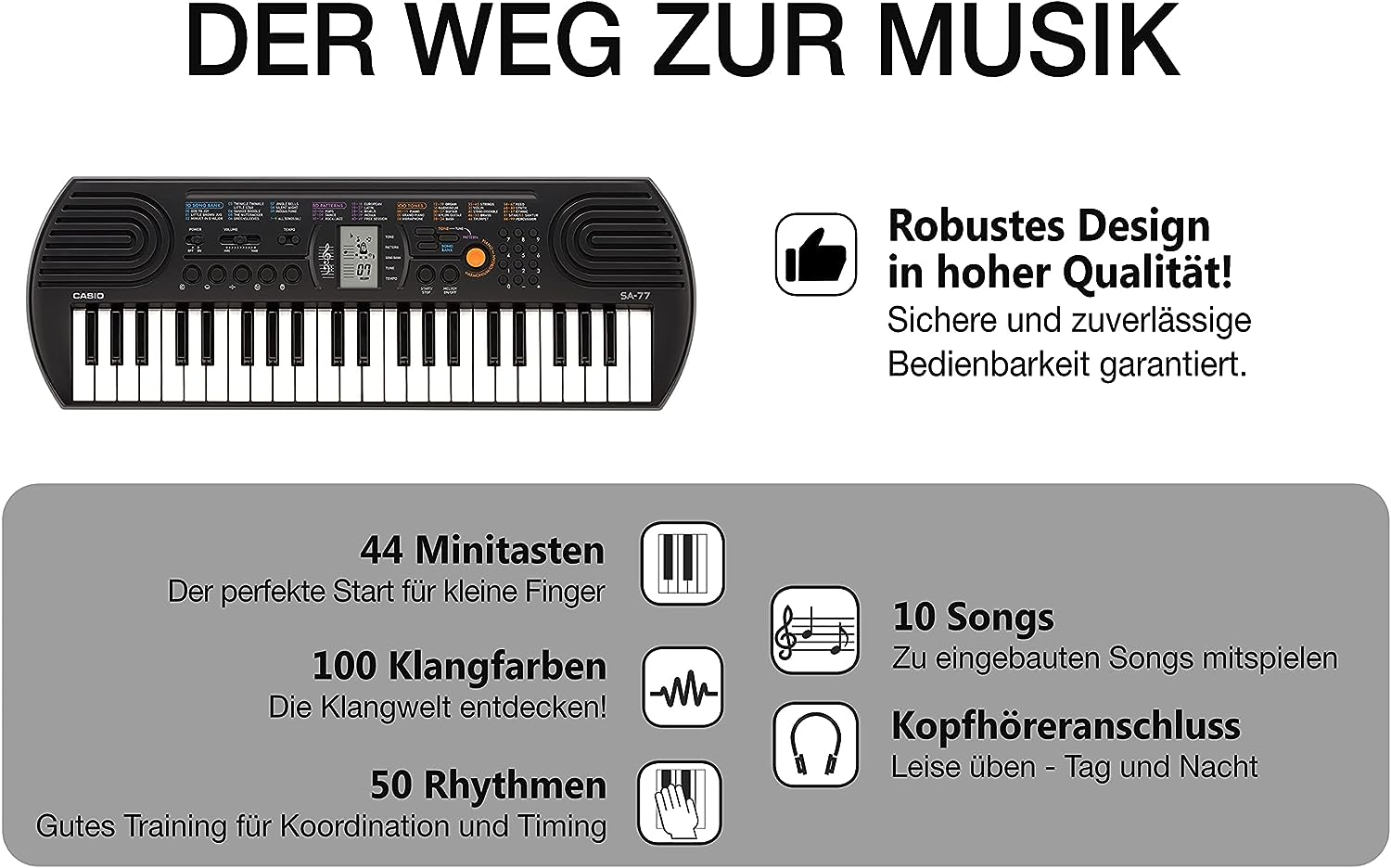 Casio 44 Note Mini Key Musical Keyboard, Black/Grey, (SA77) image number 5