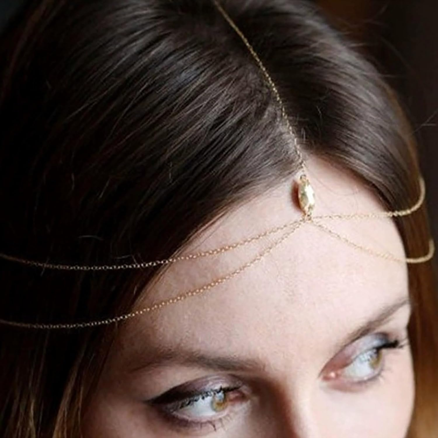 Tseenyi Layered Chain Forehead Headband Gold Chains Head Chain Multilayer Tassel Head Chains Hair Fashion Crystal Pendant Hair Accessories Layered Fringe Forehead Hair Accessories Headband image number 6