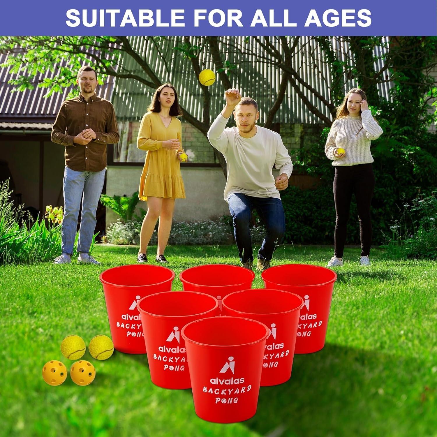 Yard Pong Outdoor Games, Giant Yard Games Set with 12 Buckets and Balls for Adults and Family, Toss Game Throwing Games for Beach, Camping, Lawn and Backyard image number 6