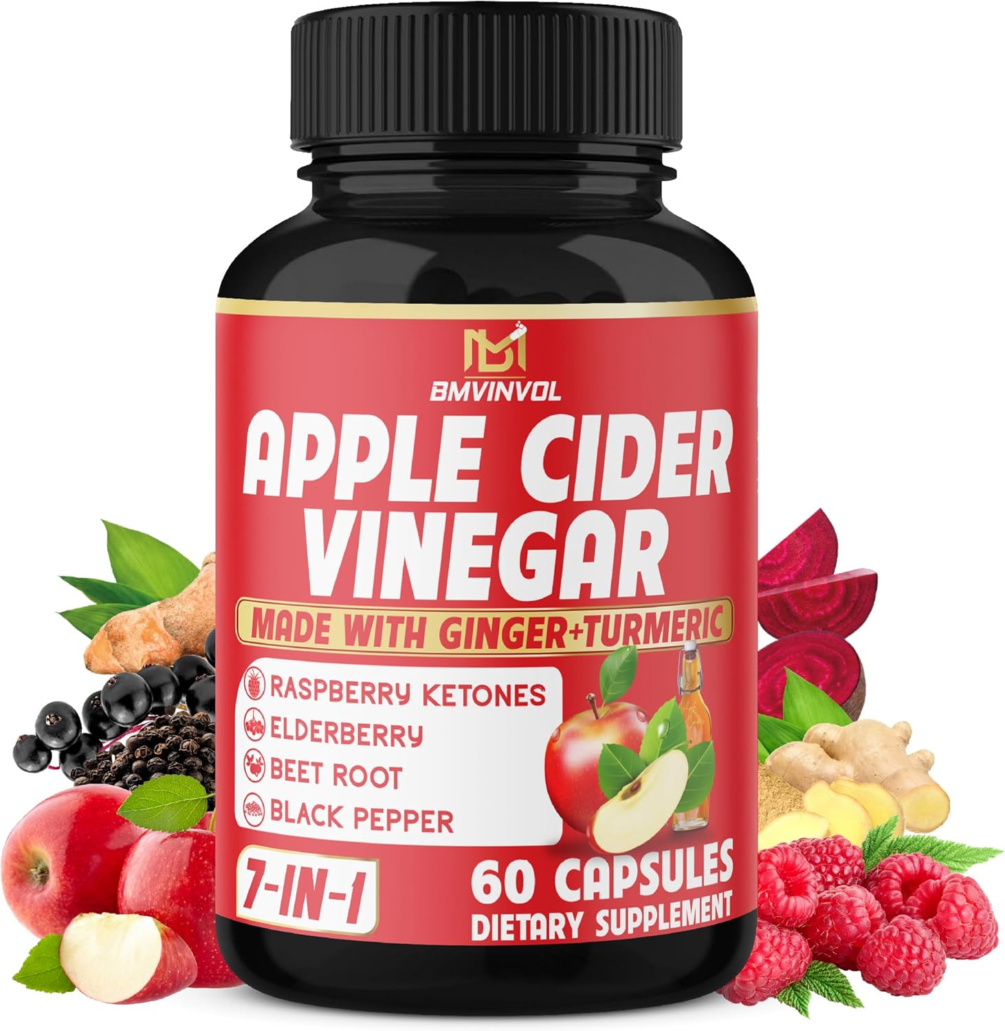 Apple Cider Vinegar Capsules - Herbal Equivalent with Ginger, Turmeric, Elderberry, Beet Root - 2 Months Supply image number 2
