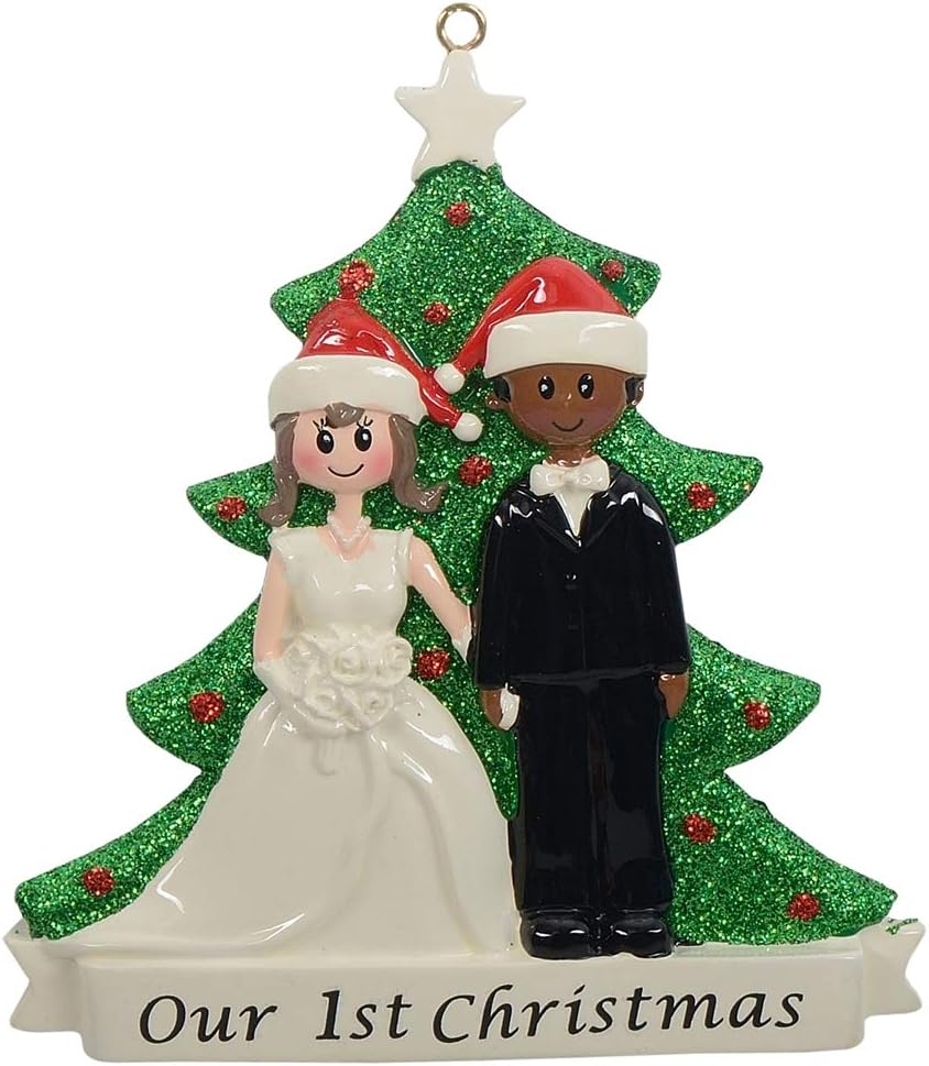 MAXORA Our 1St Christmas Wedding Couple Ornament Personalized Christmas Tree Decoration(White Bride and Black Groom) image number 2