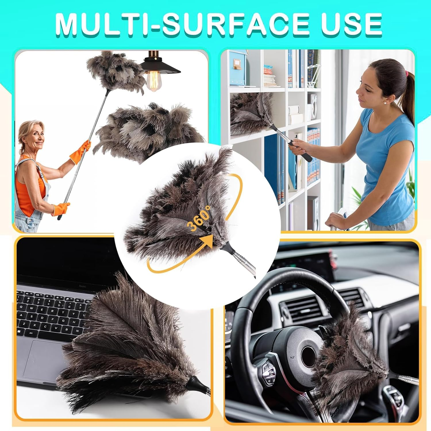 Extendable Ostrich Feather Duster up to 17-40 Inches Fluffy Feathers Long Handle Reusable for Cleaning Ceiling Fan Pendant Lamp High Ceiling Blinds Furniture Feather Duster image number 1