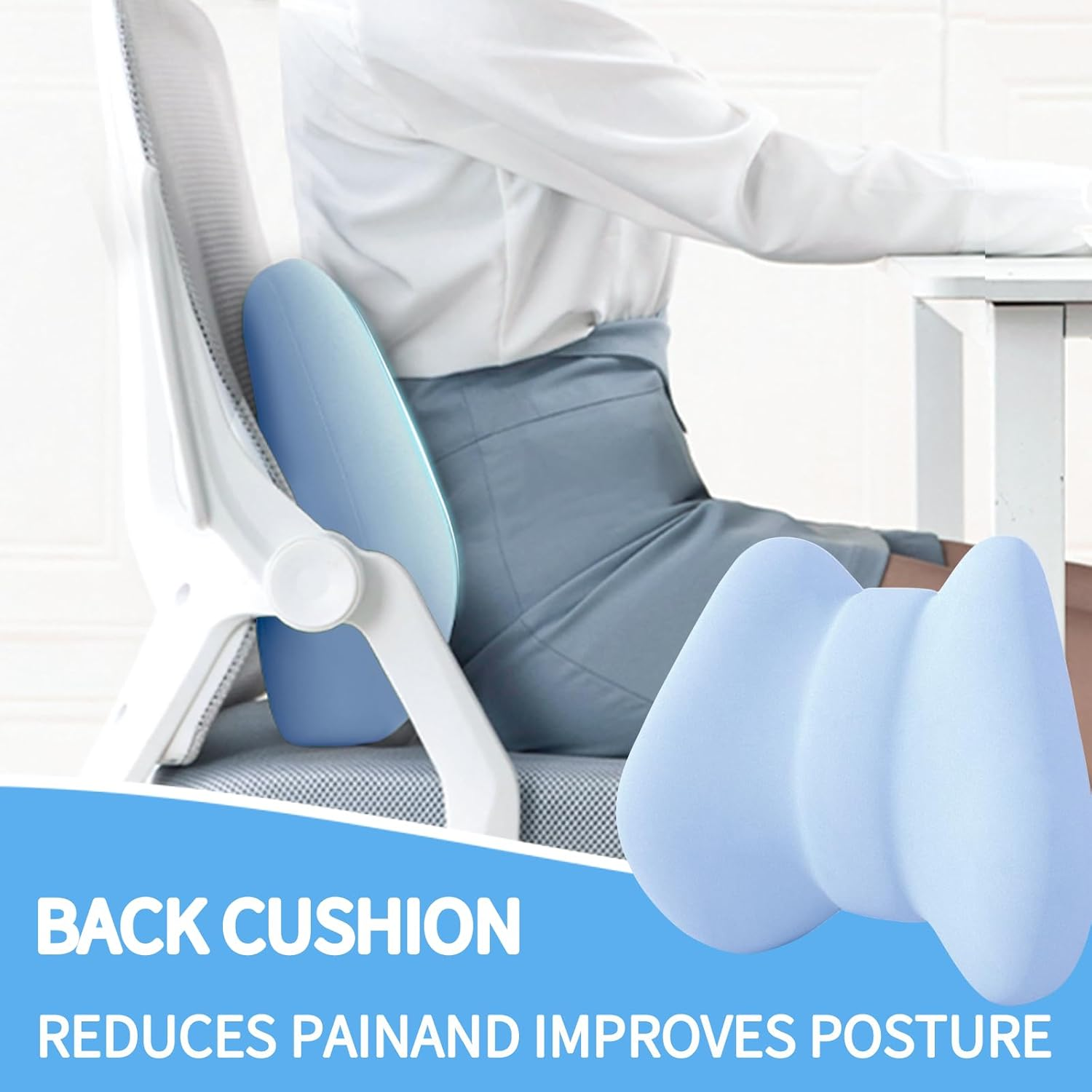 Back Support Pillow for Pain Relief, Lumbar Support Cushion with Adjustable Strap, Soft Memory Foam Lower Back Rest Cushion for Car Seat & Office Chair (Light Blue) - Light Blue image number 4