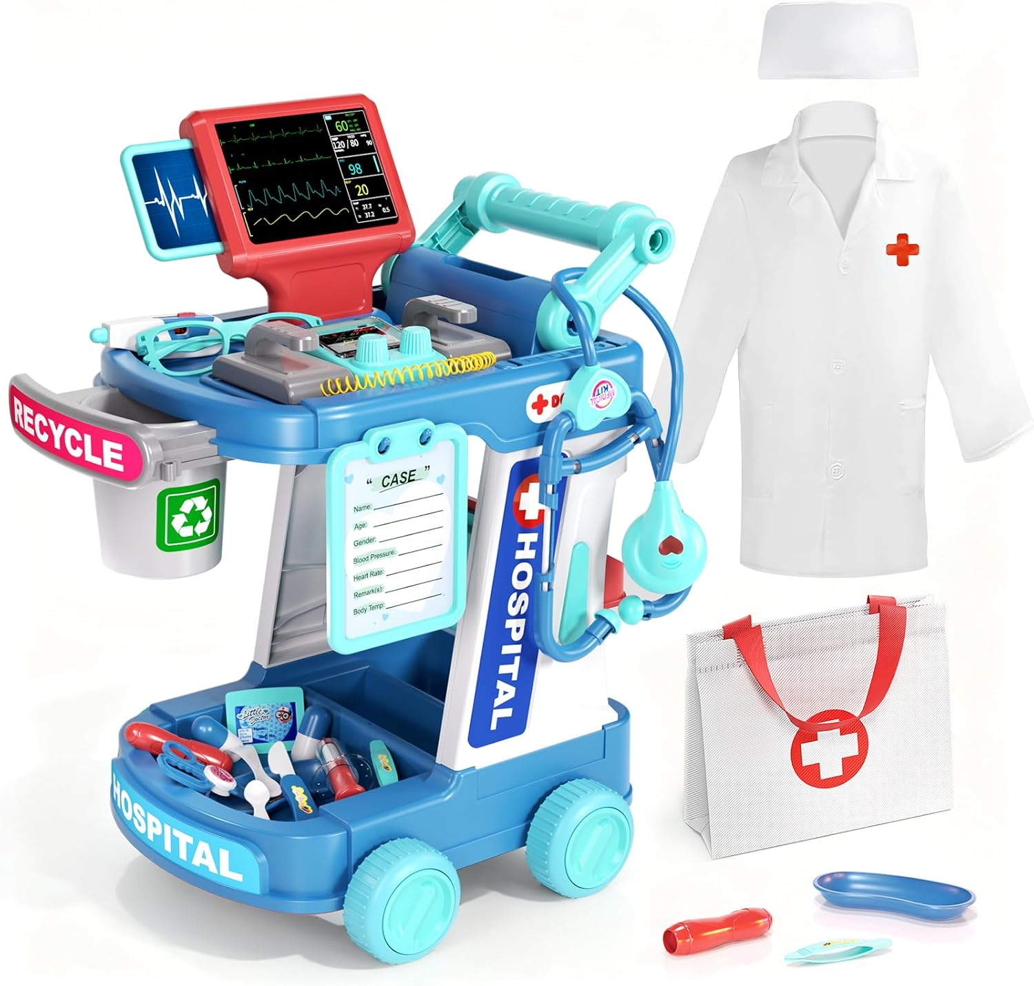 Doctor Kit for Kids, Pretend Doctor Playset for Toddlers with Cart, Costume and Stethoscope, Role Play Medical Toy for Girls Boys Toddlers 3-8 Birthday Gifts image number 2