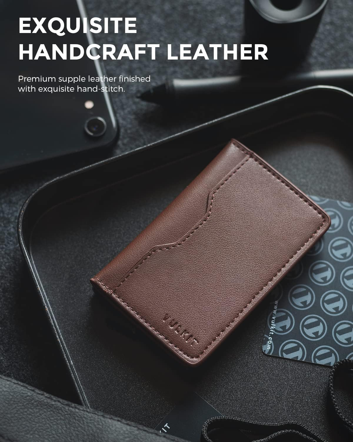 VULKIT Slim Pop up Wallet for Women Minimalist Credit Card Holder with Leather Slots Men'S Bifold RFID Blocking Metal Wallets(Dark Brown) - Cf Black image number 7