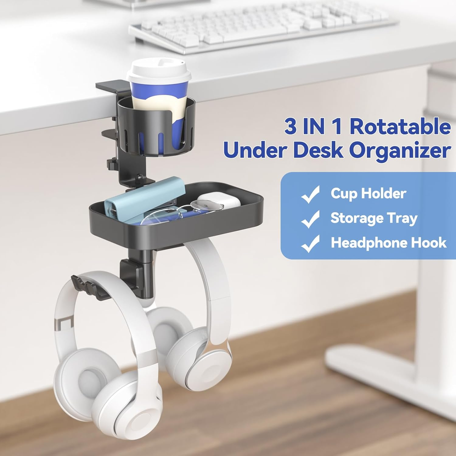 KDD Rotating under Desk Organizer with 2 Headphone Hook - Hidden Storage Drawer Tray with Cup Holder - No Drilling Sturdy Swivel C-Clamp Desktop Mount for Office School Home Game Room Accessories