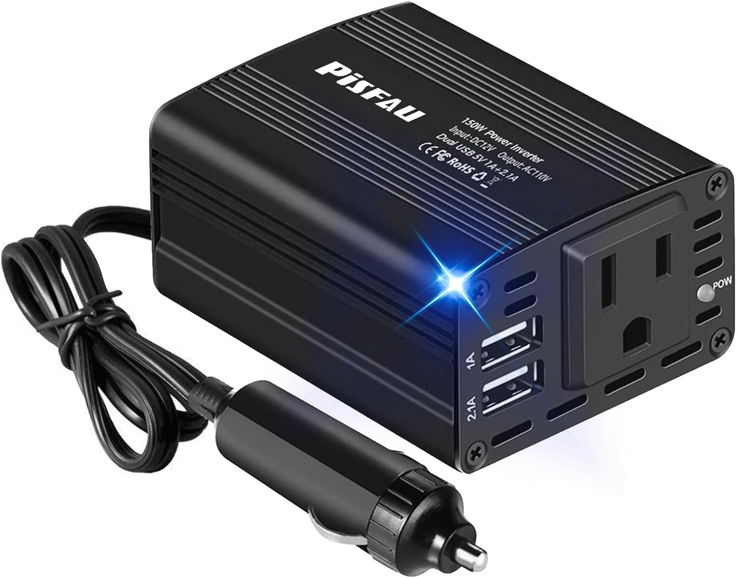 150W Power Inverter 12V DC to 110V AC Car Plug Adapter Outlet Converter with 3.1A Dual USB AC Car Charger for Laptop Computer Black