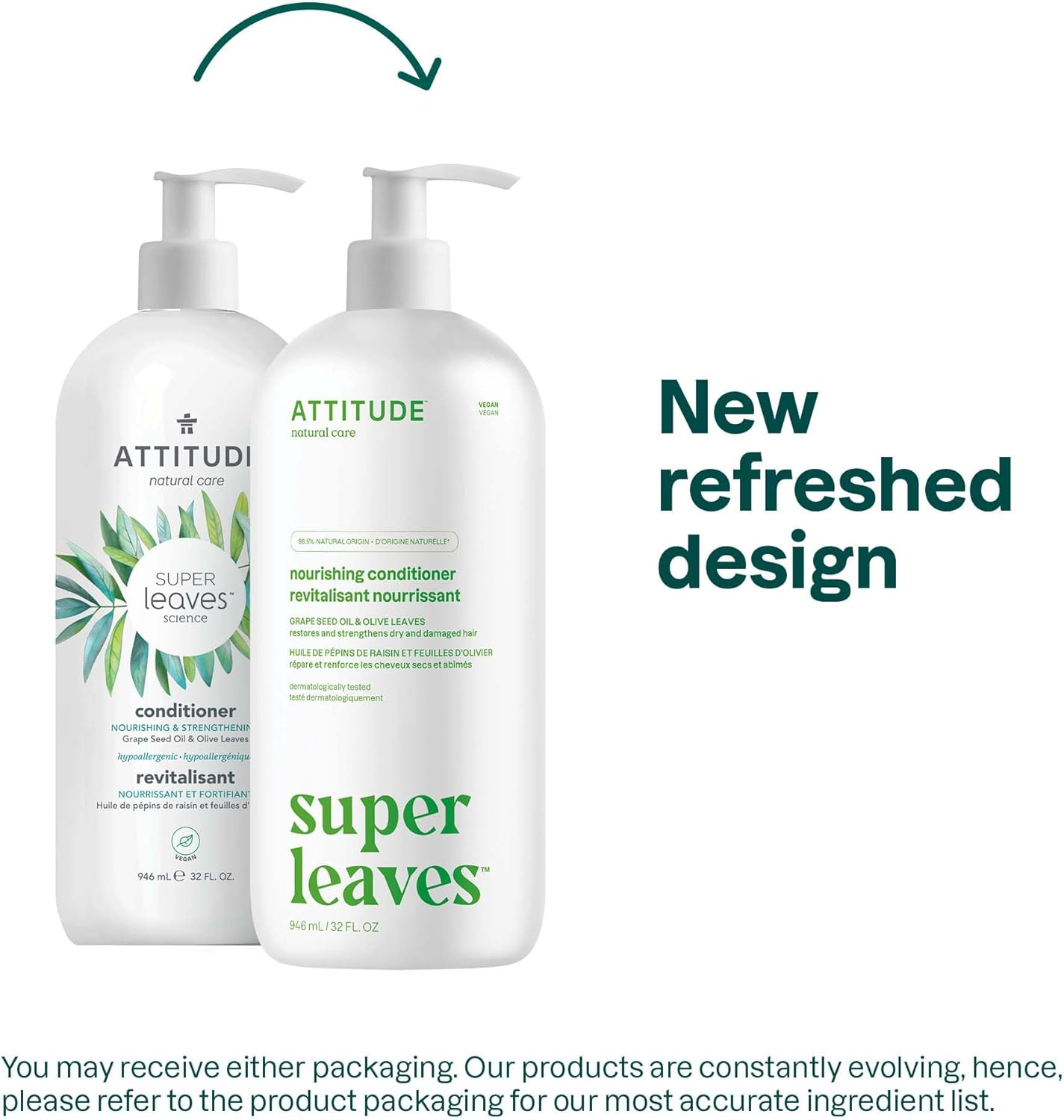 ATTITUDE Liquid Hair Conditioner, Nourishing & Strenghtening Plant- and Mineral-Based Ingredients, Vegan and Cruelty-Free, Grapeseed Oil & Olive Leaves, 32 Fl Oz image number 1