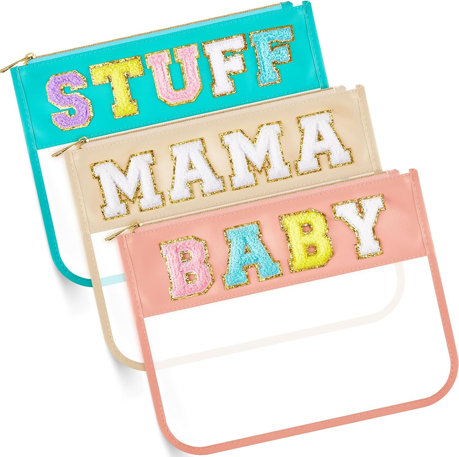 3 Pcs Chenille Letter Clear Zipper Pouch for Travel Waterproof Cosmetic Pouch Clear Snack Bags Nylon Travel Gym Beach Bag Multipurpose Makeup Bag for Women Girl (Soft Color, Travel, Stuff, Snack) image number 2