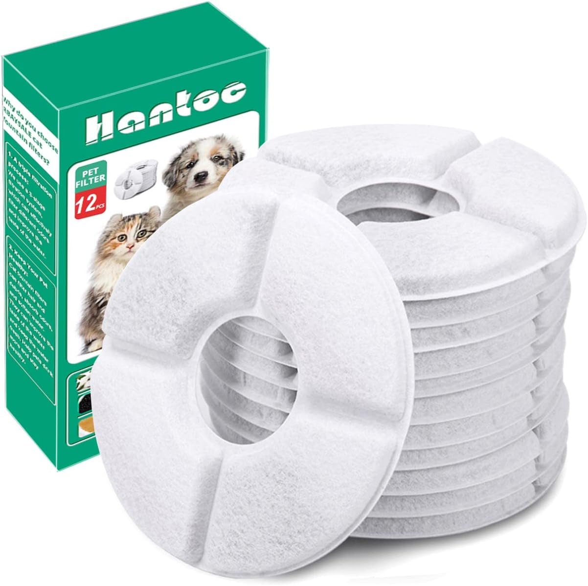 12 Packs Cat Water Fountain Filters, Hantoc Replacement Pet Water Fountain Filters 2.4L for Flower Fountains Replacement Filters with Resin and Active Carbon for Drinking Fountains for Cats and Dogs