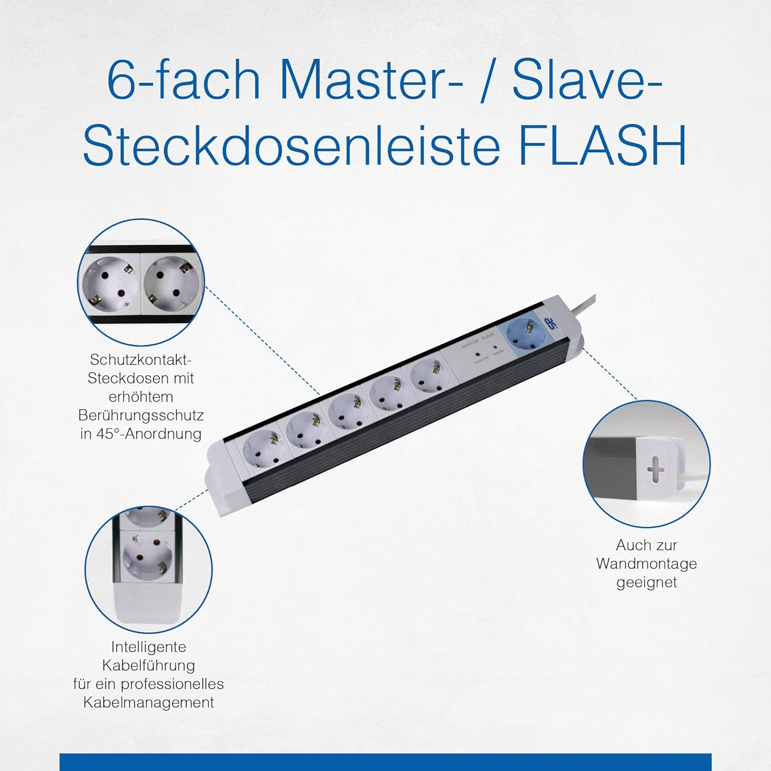 As - Schwabe 6-Way Power Strip Flash White Master/Slave - with 1X Master and 5X Slave Sockets with Indicator Light - Multiple Plug with 1.5 M Cable - Sockets Rotated 45&deg; - IP20, 18672 image number 1