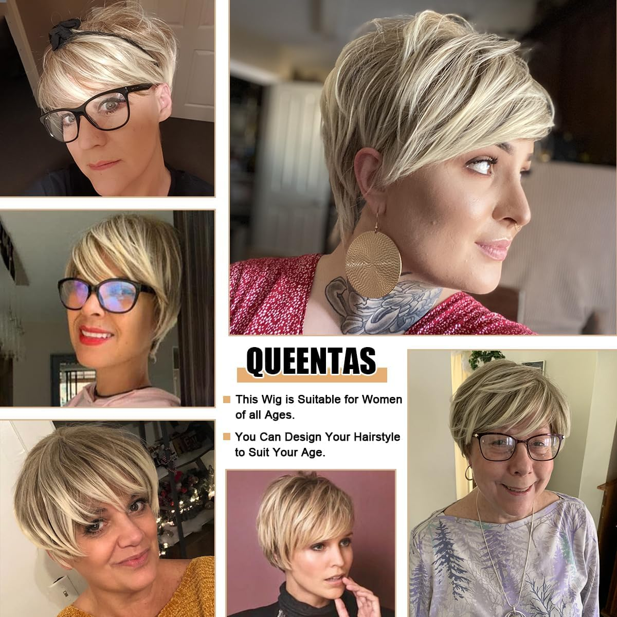 QUEENTAS Short Blonde Wigs for Women Layered Blonde Mixed Brown Pixie Cut Wig with Bangs Synthetic Short Hair Replacement Wig - Gray image number 4