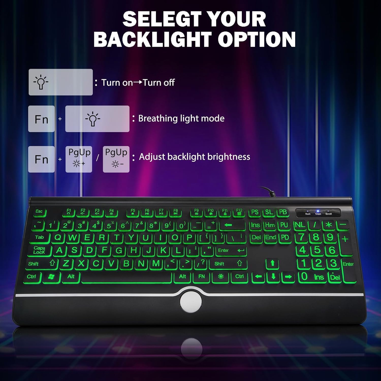 Large Print Backlit Computer Keyboard, 7-Color Backlit Keyboard with Wrist Rest, USB Plug-And-Play, Oversize Letters Keys Easy to See and Type, Wired Light up Keyboard for Laptop, PC, Gaming (Large) image number 2