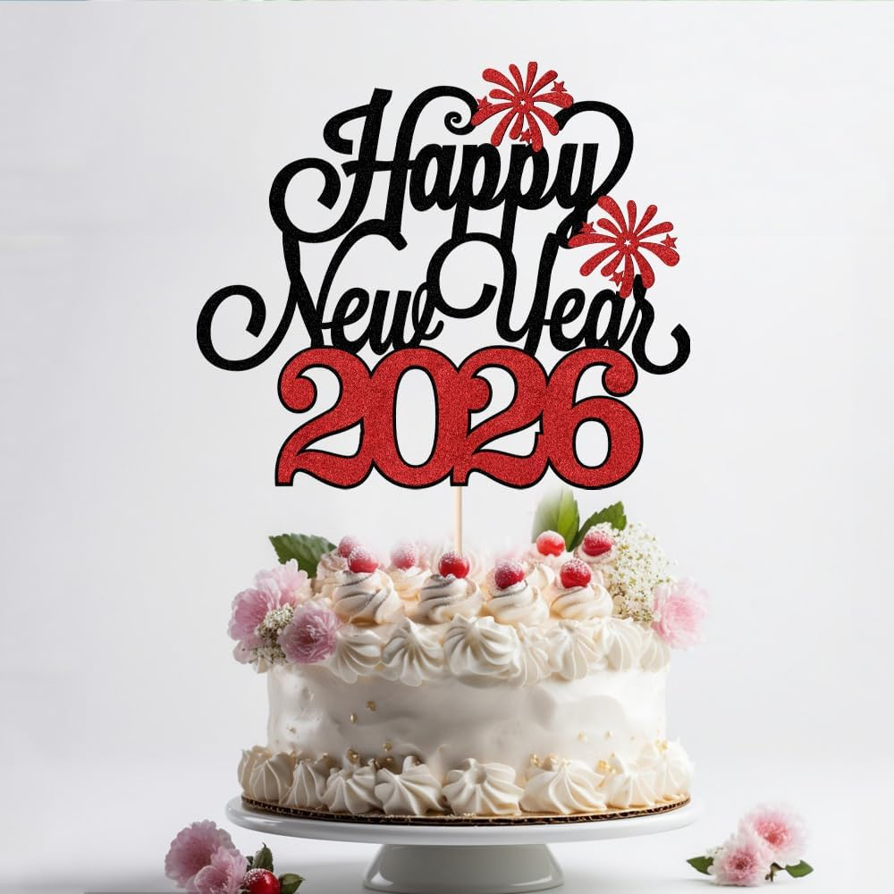 Happy New Year Cake Topper，Welcome 2024 Cake Topper，New Years Eve Party Supplies 2024,New Year Christmas Holiday Party Decorations,Winter Holiday Cake Picks-New Year Party Supplies(Black) - Red image number 7