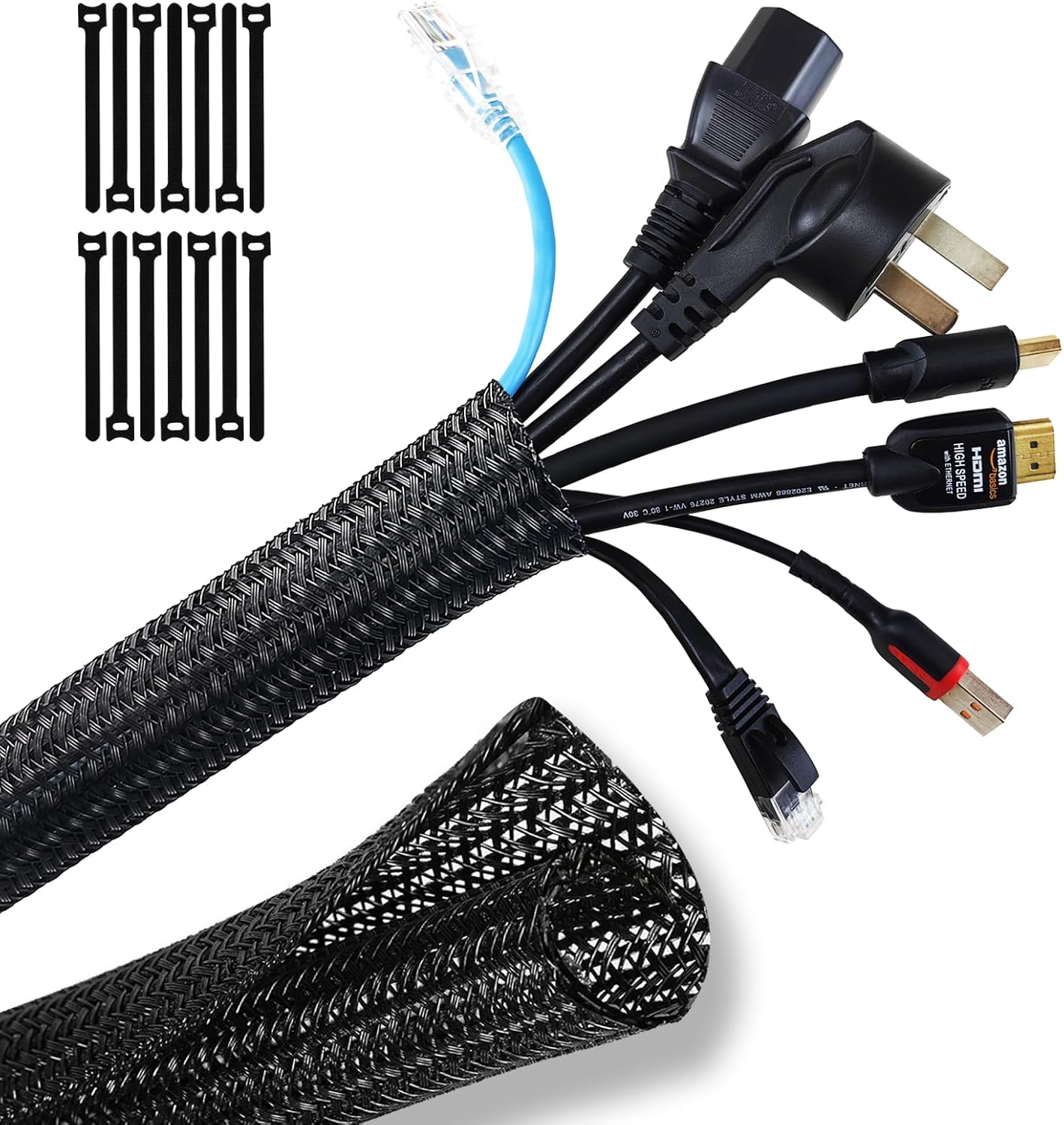 SONATURE Cable Management, 10Ft - 2/3 Inch Wire Loom, Self-Wrap Cable Organiser, Braided Cable Sleeve with 14 Reusable Cable Ties Included, Cord Organiser for Tv/Audio/Pc/Automobile at Home/Office