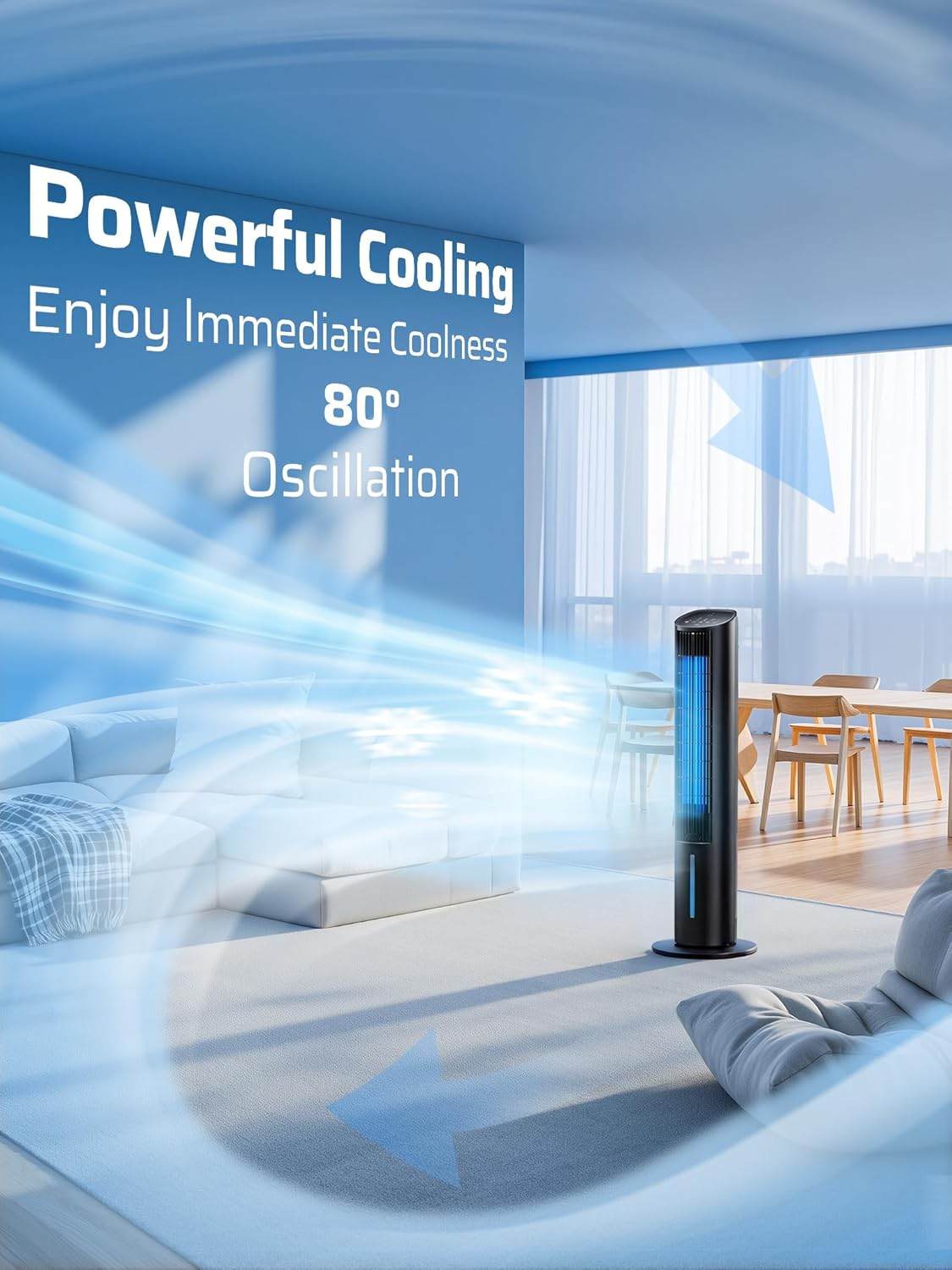 Bladeless Tower Fan Cooling - Portable Air Conditioner with Remote, 3L Water Tank, 3 Speeds, 4 Modes, 12H Timer, 80&deg; Oscillating Tower Fans Air Purification Cooler for Home, Bedroom, Baby Rooms, Black image number 4