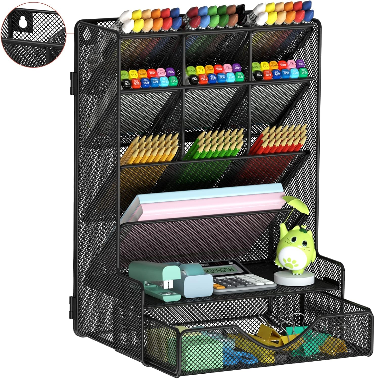 Pen Organizer for Desk, Multi-Functional Desk Organizer, Wall Mount Pen Holder with Drawer for School, Office, Home, Art Supplies, Black image number 4
