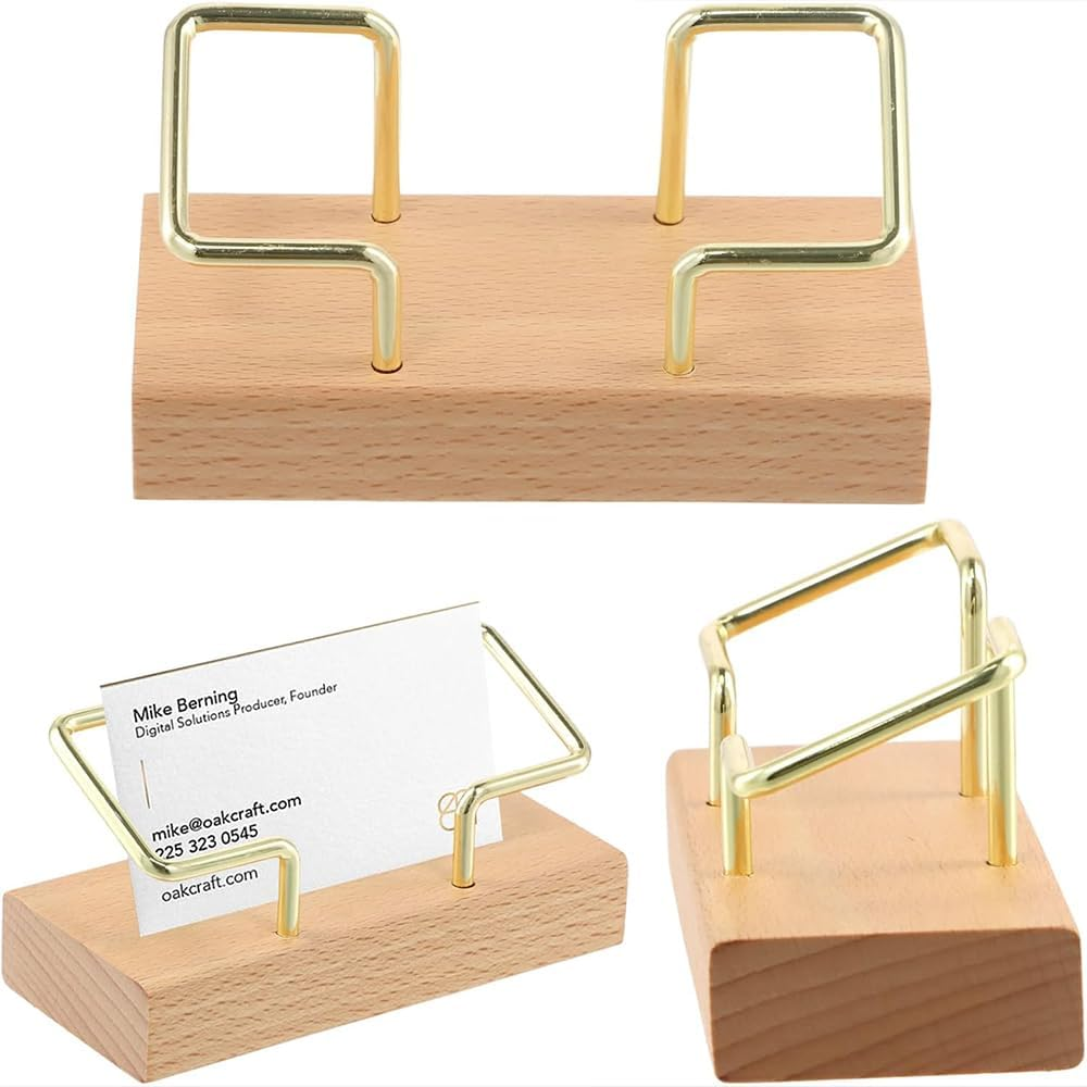 2Pcs Wooden Business Card Holder for Desk, T-Shaped Card Holder, Business Card Display Stand,Metal Name Card Organizer, Postcard Holder, for Office Home Desktop image number 4