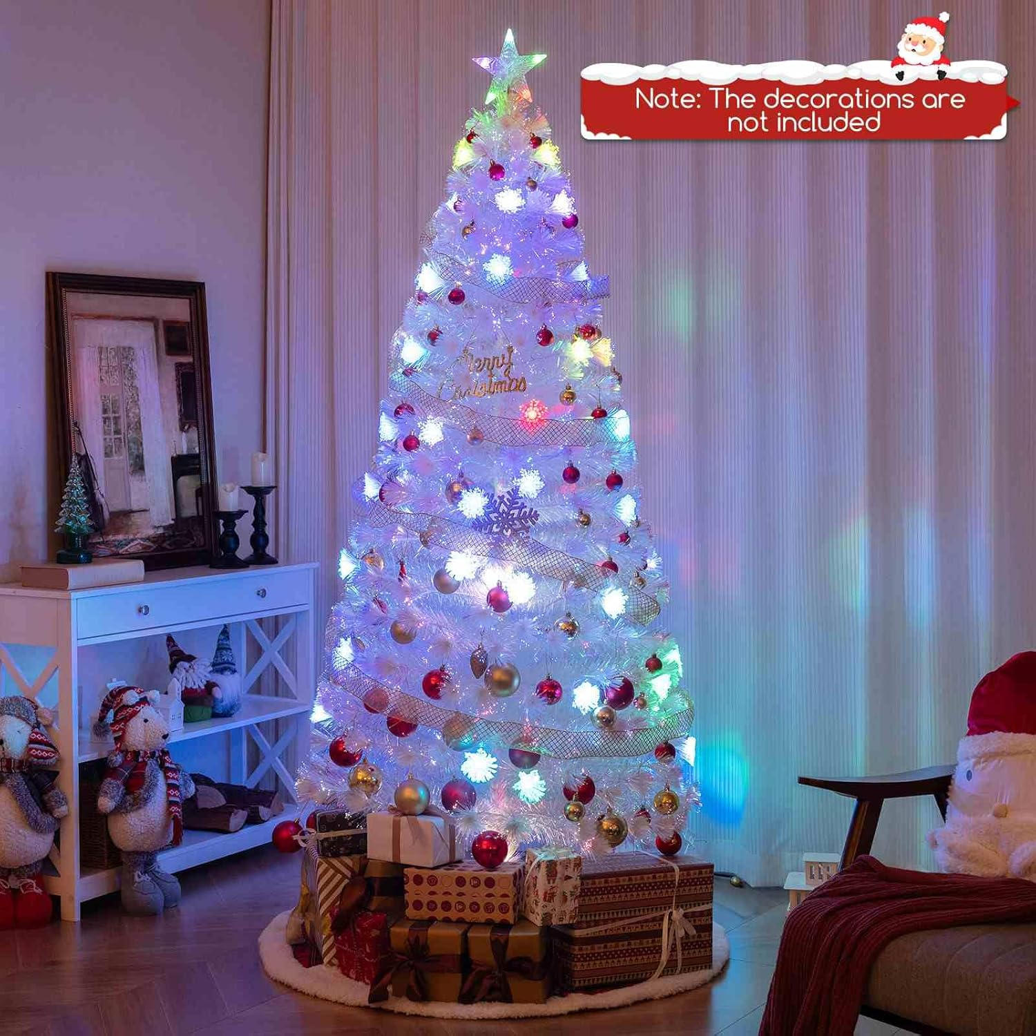 Costway 2.1M Artificial Fiber Optic Christmas Tree, White Pre-Lit Xmas Tree with 270 Branch Tips, Iridescent Leaves, Top Star Light, 48 Multi-Color Snowflake Lights for Party Home