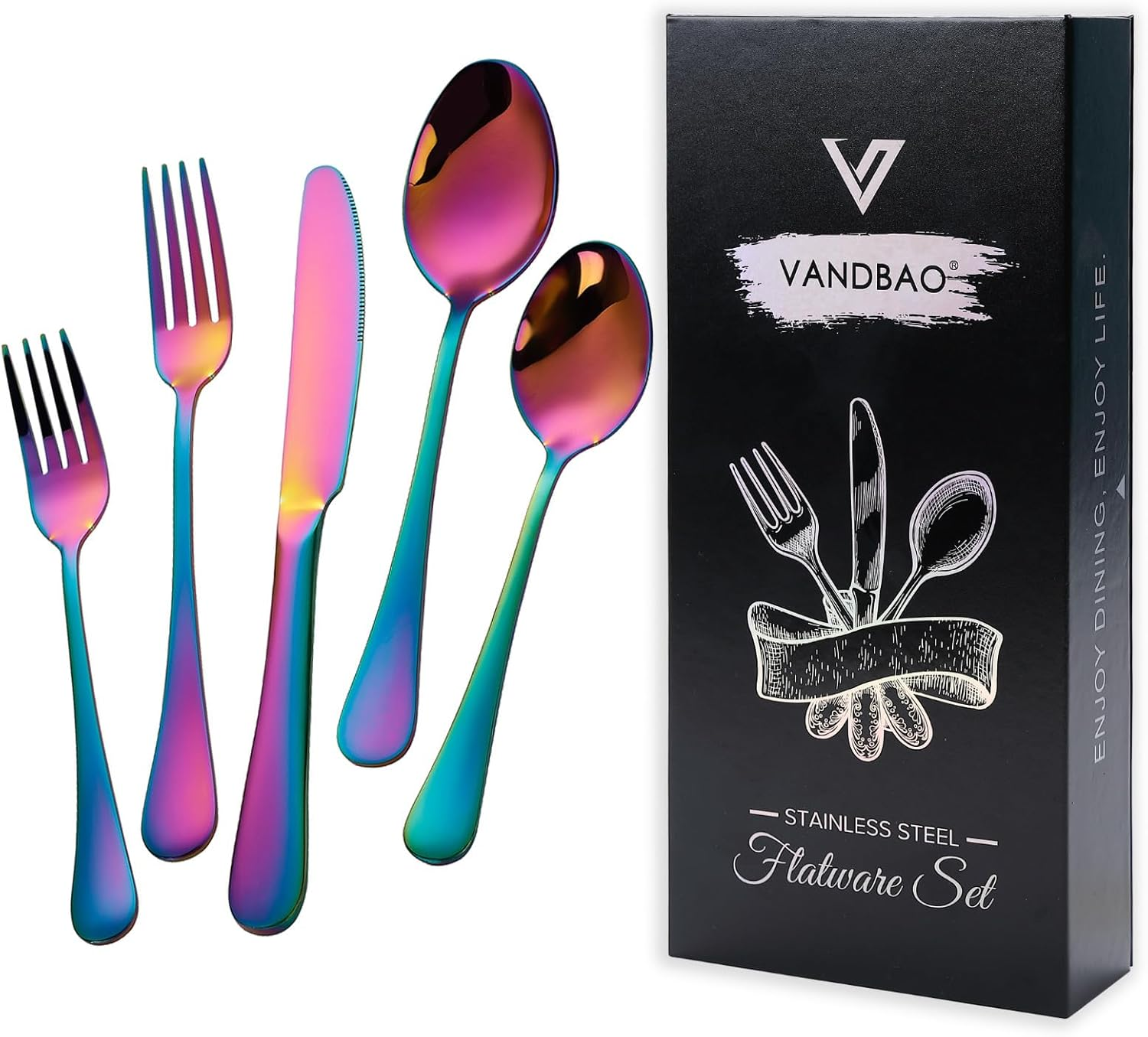 Rainbow Flatware Cutlery Silverware Set 20 Pieces, Stainless Steel Colorful Utensils, Tableware Set Service for 4, Include Knife/Fork/Spoon, Reusable, Mirror Polished, Dishwasher Safe