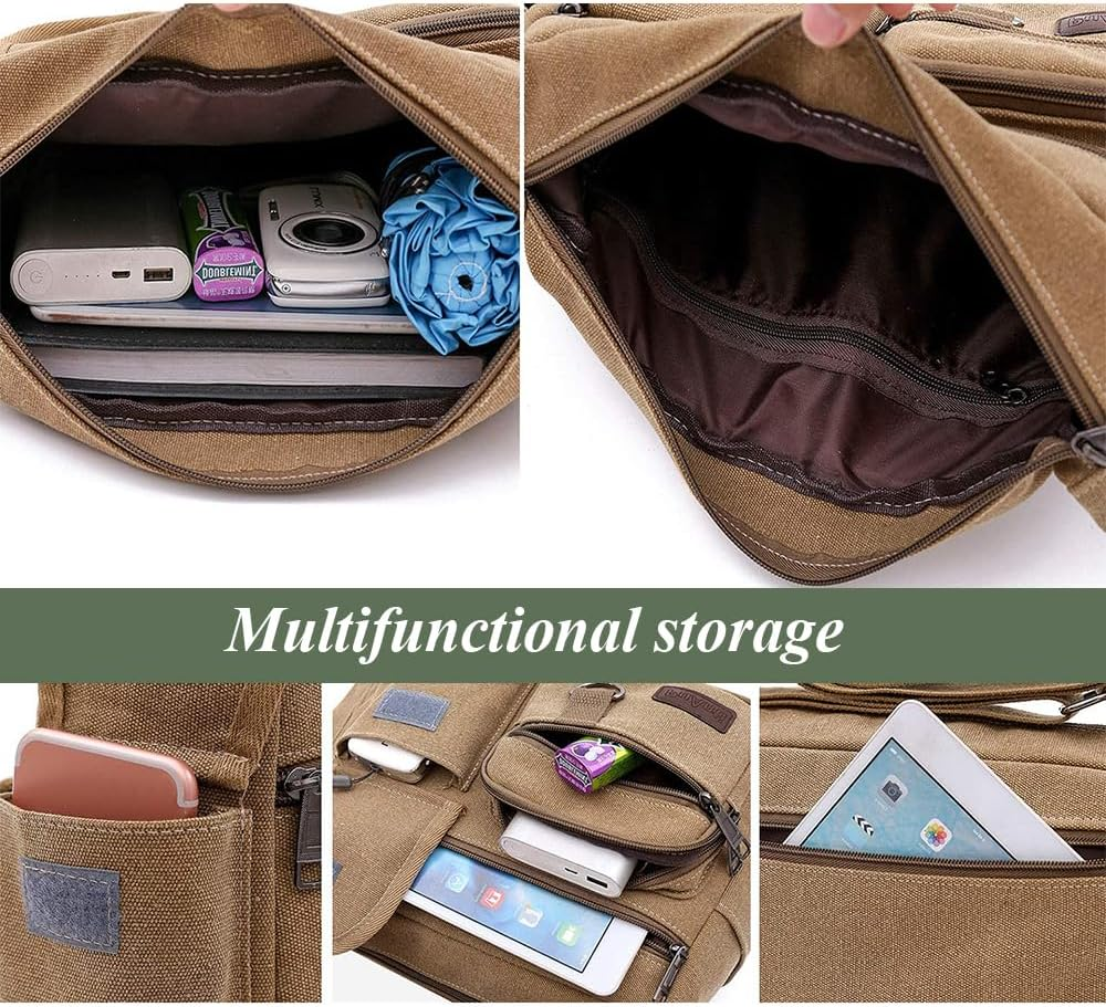Canvas Crossbody Bag with Water Bottle Holders, Multi Pocket Messenger Bag, Vintage Laptop Bag, Briefcase for Men and Women Khaki (30 * 23 * 12 CM) image number 3