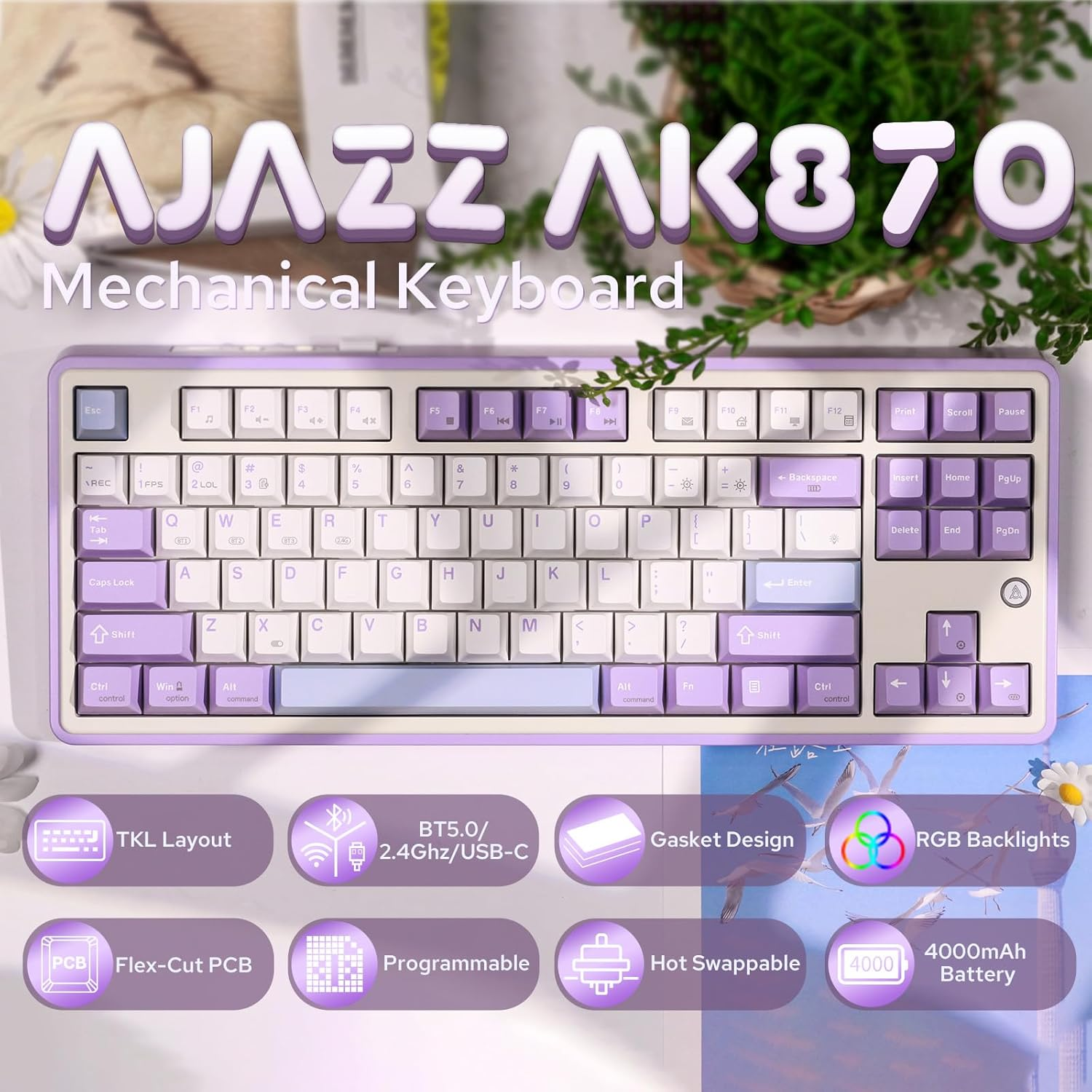 Mechlands Ajazz AK870 Gasket-Mounted Wireless Gaming Keyboard, 87 Keys Compact TKL Bt5.0/2.4Ghz/Usb-C Mechanical Keyboard, with 5-Layer Padding, Flex-Cut PCB for Win/Mac (Purple, Flying Fish Switch) image number 6