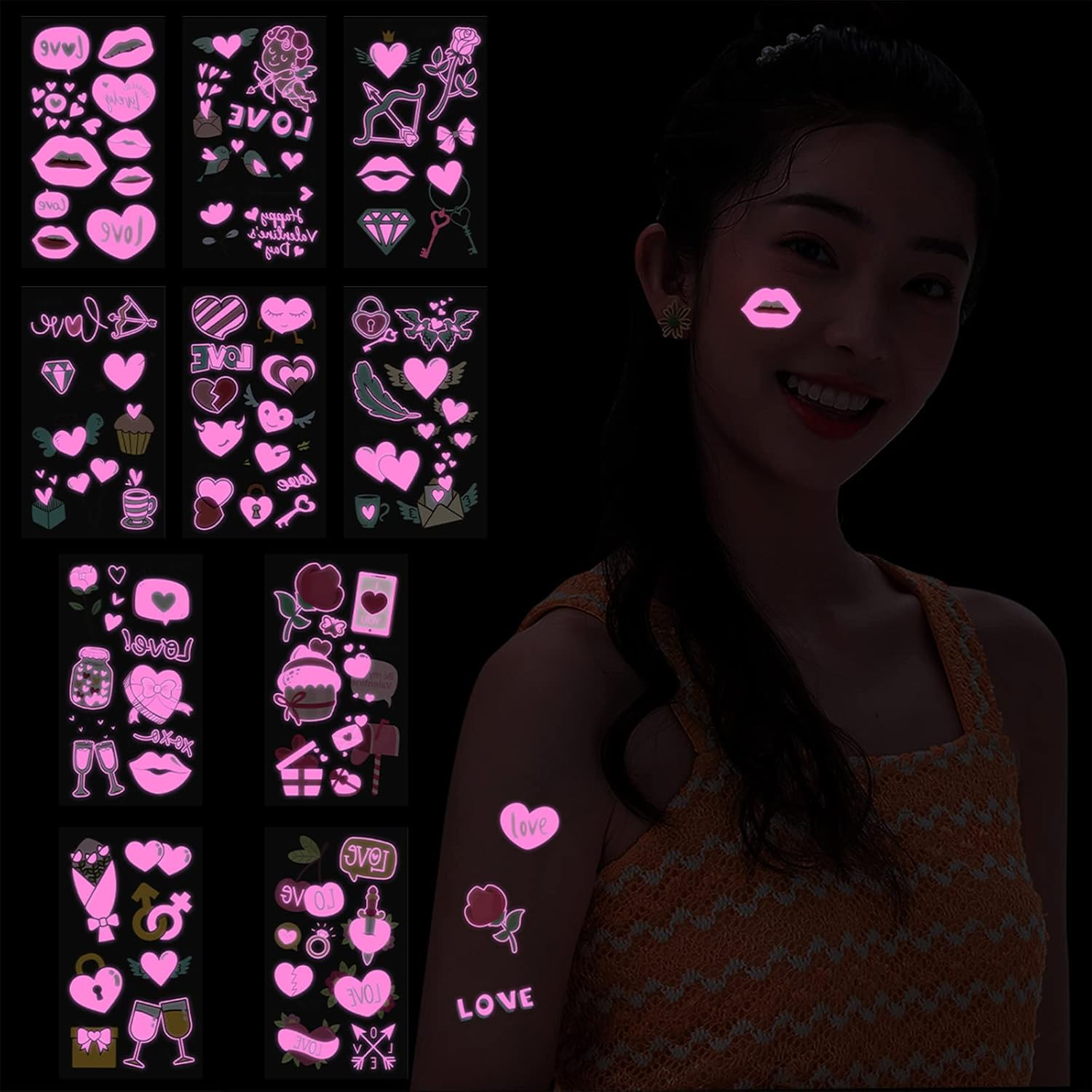 Maripabon UV Neon Temporary Tattoos 170 Pieces Pink Heart Shaped Shimmer Designs Love Glow in the Dark Tattoos Stickers Flash Fake Waterproof Tattoos for Women Men Body Face Art