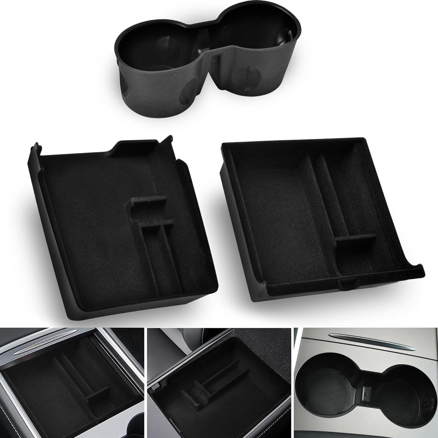 (3 PCS) Center Console Organizer Tray Designed for Latest 2023 2022 2021 Tesla Model 3 Y Accessories, Flocked Front Rear Storage Box with Silicone Cup Holder Insert