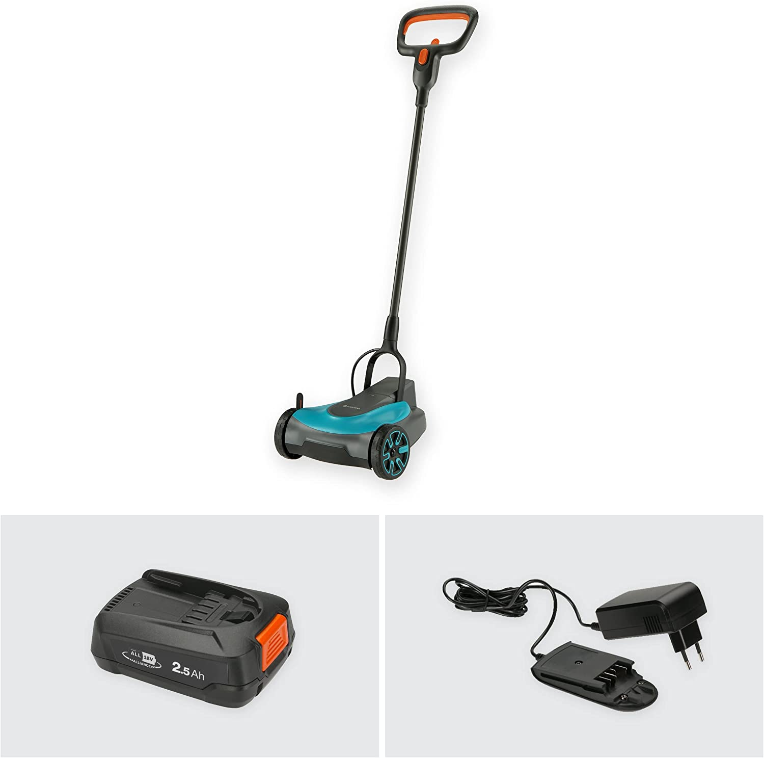 Gardena Battery Lawnmower Handymower 22/18V P4A - 2.5Ah Battery and Charger Included, Black/Turquoise/Orange (14620-52) image number 4