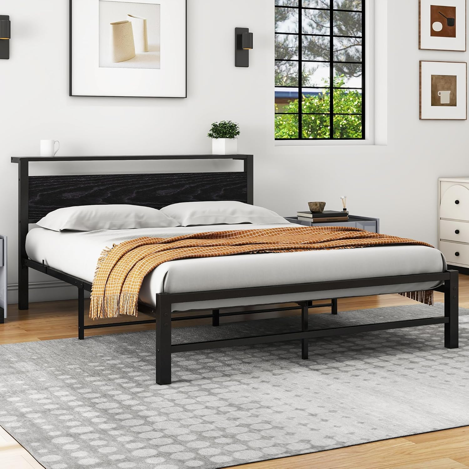 Queen Bed Frame with Wood Storage Headboard, Metal Platform Bed Frame Queen Size No Box Spring Needed, Strong Slats Mattress Foundation, Non-Slip Noise Free, Easy Assembly, Black image number 3