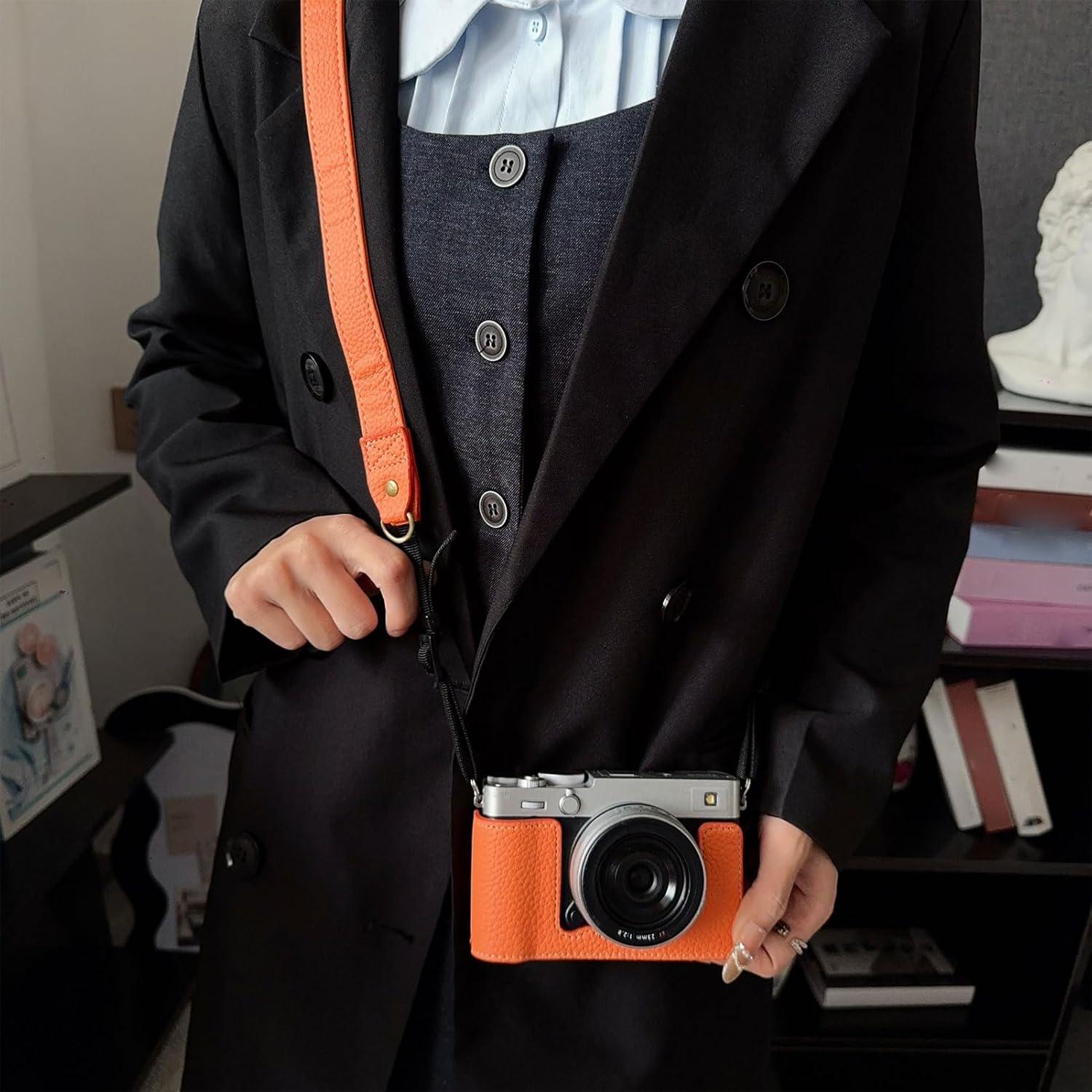 Jectse Camera Case Fit for FUJIFILM XE5, PU Leather Crossbody Camera Bag, Including Half Case Flip Cover and Adjustable Shoulder Strap (Orange) - Black image number 5